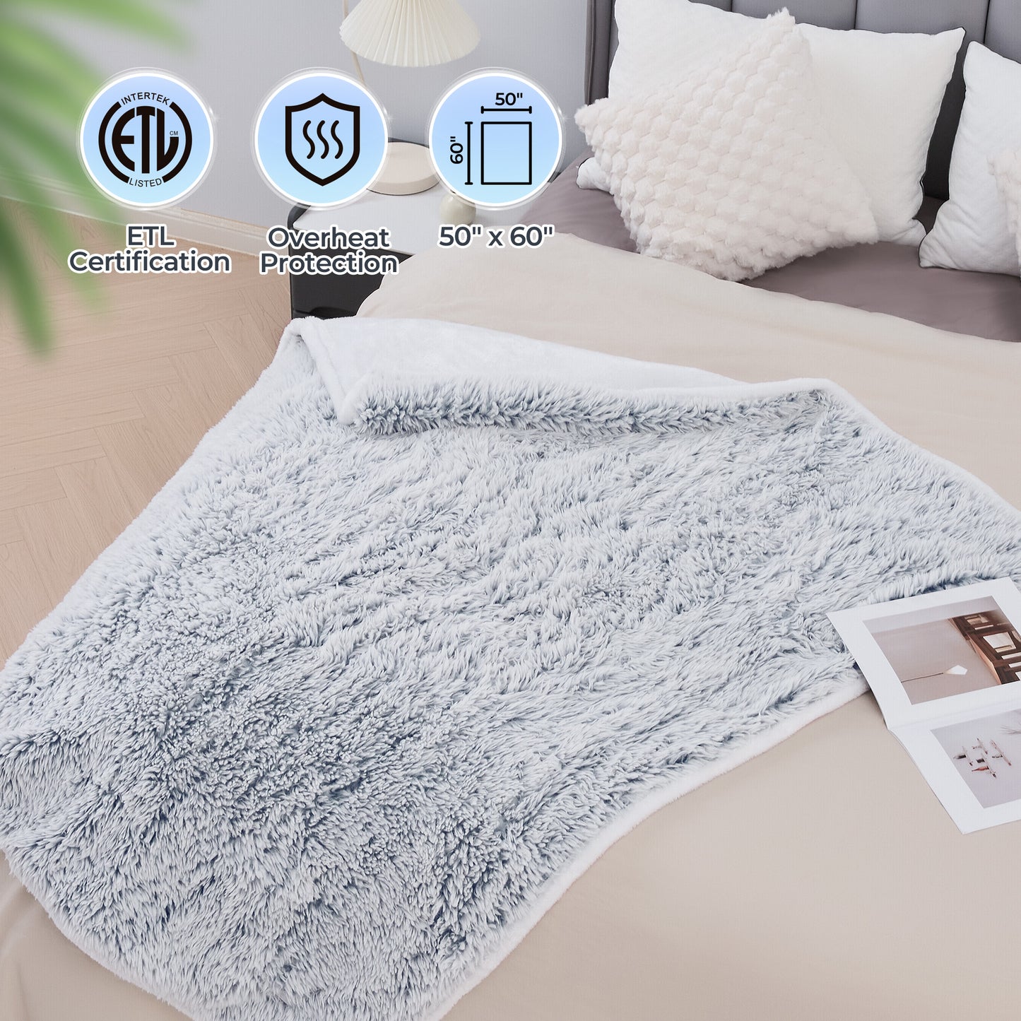 MaxKare Electric Throw Blanket 50" x 60", with 6 Heating Levels & 4 Hours Timer, Plush Faux Fur & Velvet, Gray & White