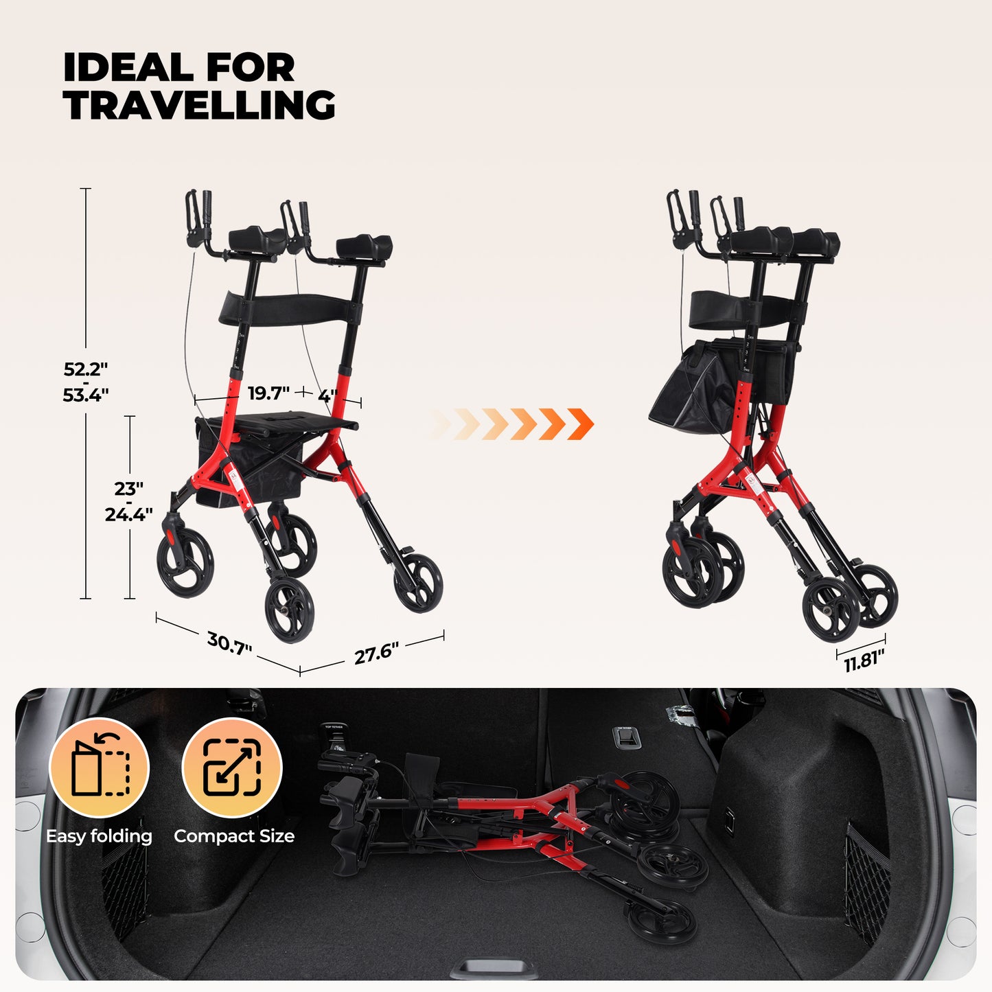 MaxKare Rollator Walker with Seat, Foldable 4 Wheel Rolling Medical Walker, Red