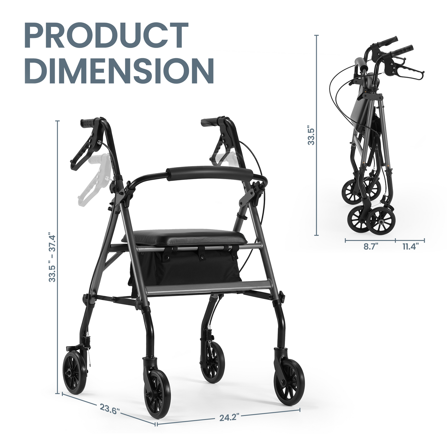 MaxKare Folding Rollator Walker with Seat 6" Wheels for Seniors, Adjustable Height, Removable Seat, Lightweight Aluminum, Supports up to 300Lbs, Gray