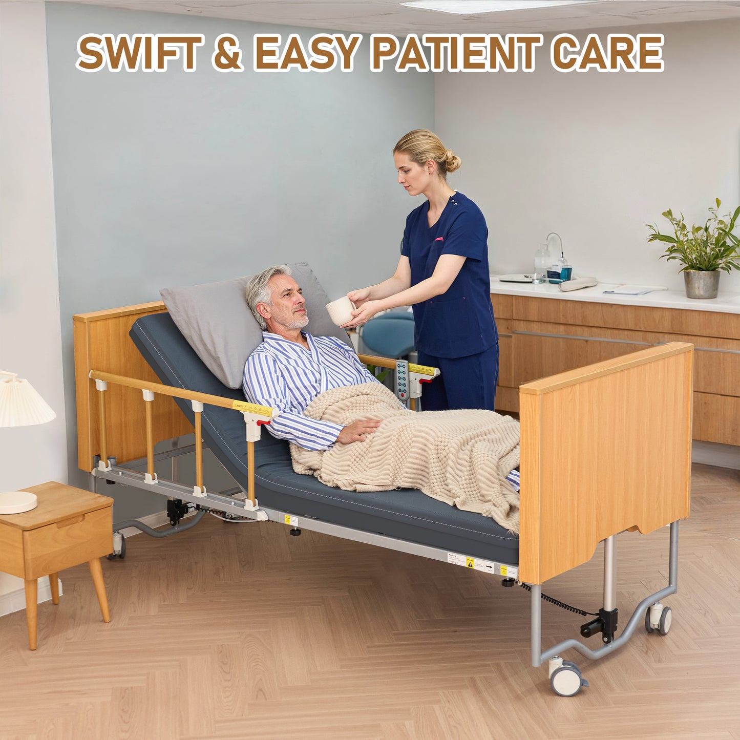 MaxKare Full Electric Hospital Bed with 5 Functions, Medical Bed Set with Mattress & Rails, Safe Locking System, Max 500lbs, for Home Use