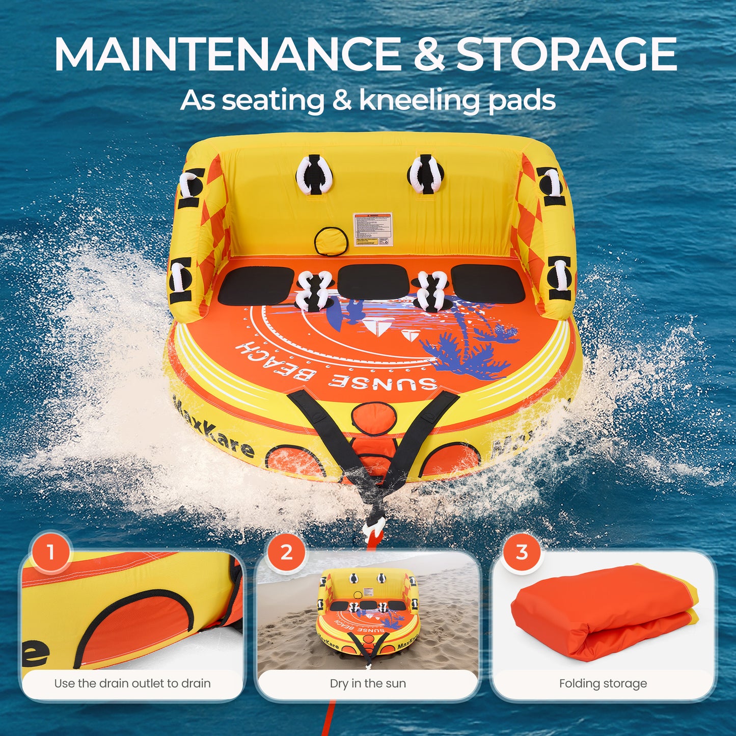 MaxKare Inflatable Towable Tube for Boating, 1- 3 Riders, EVA Foam Pads and Large Backrest, Heavy Duty 600 Lbs, Yellow