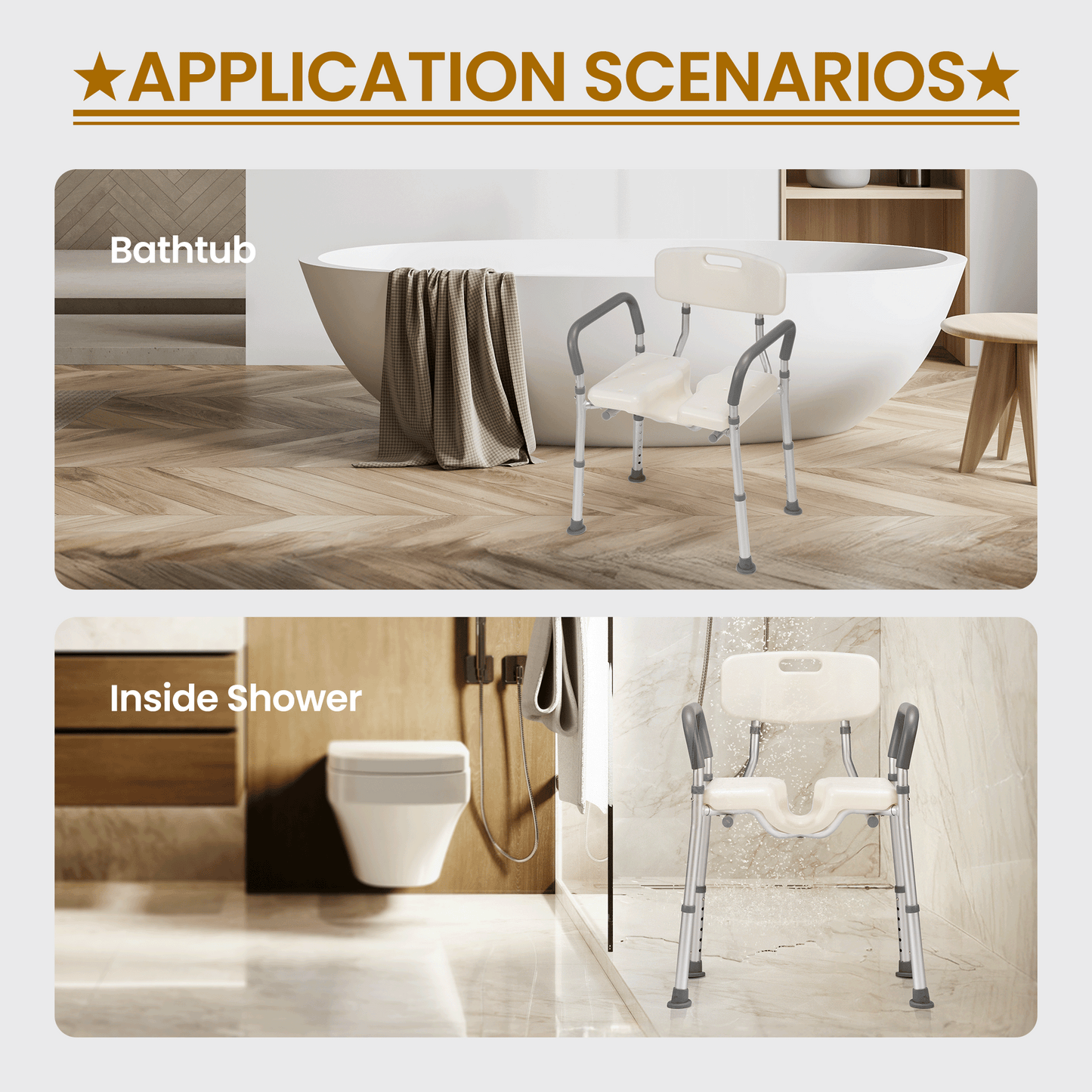 MaxKare Shower Chair with Back and Arms, U-Shape Groove Cutout for Private Cleaning