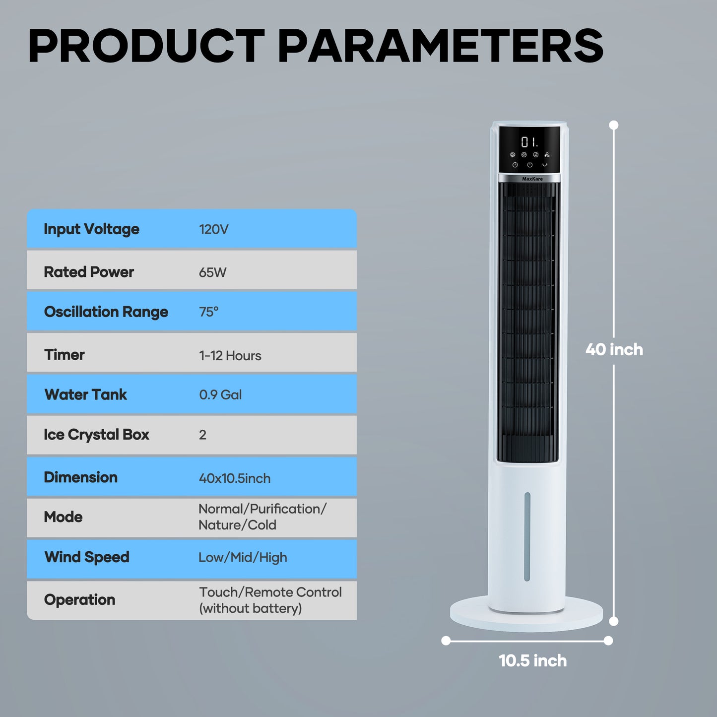 MaxKare 40in Tower Fan, Air Cooler with Remote, 75° Oscillating, 3 Speeds, 12H Timer, for Home or Office, White
