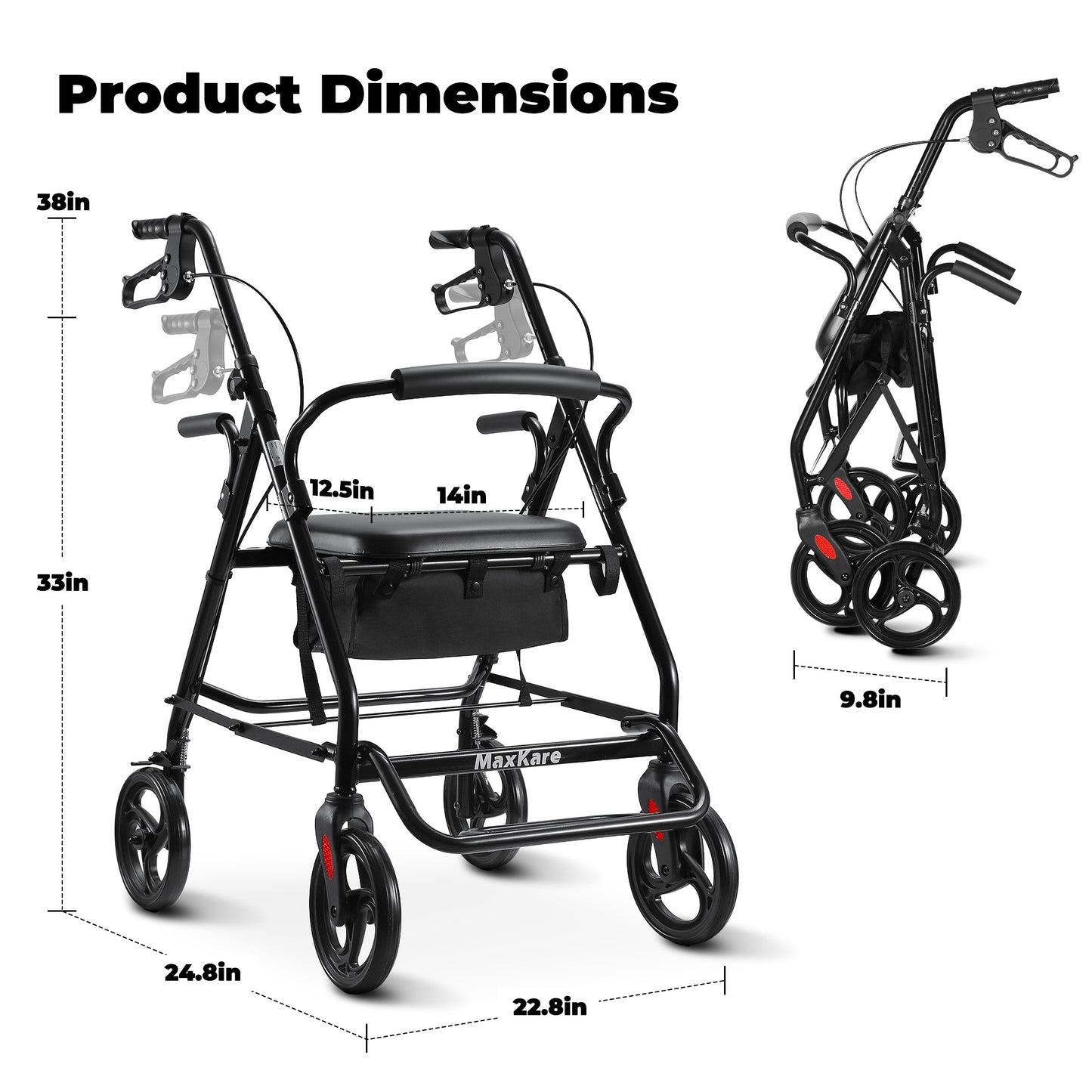 MaxKare Rollator Walker 8" Wheels with Seat & Padel for Seniors, Use as Transport Wheelchair or Walker, Removable Armrest & Backrest, Foldable, 300Lbs, Adjustable Handles