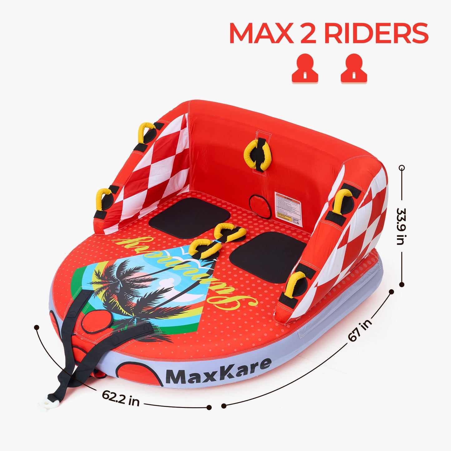 MaxKare 1- 2 Riders Inflatable Towable Tube for Outdoor, Watersports, Skiing Tube with Dual Tow Points & Safety Handles, Max 450lbs, Red