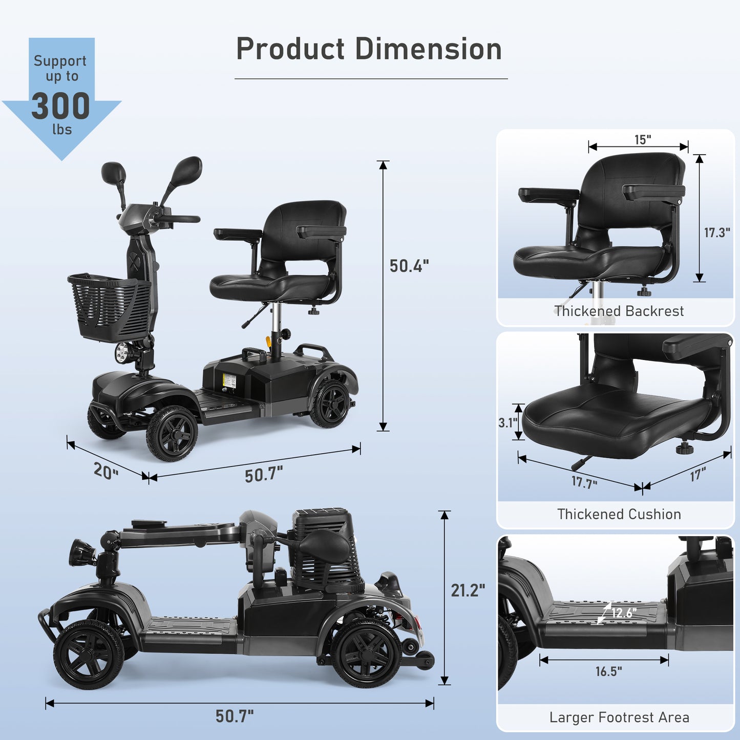 MaxKare 4-Wheel Mobility Scooter for Seniors, Thickened Seat, Foldable Powered Mobile Wheelchair with Light & Basket for Travel, 330lbs, Gray