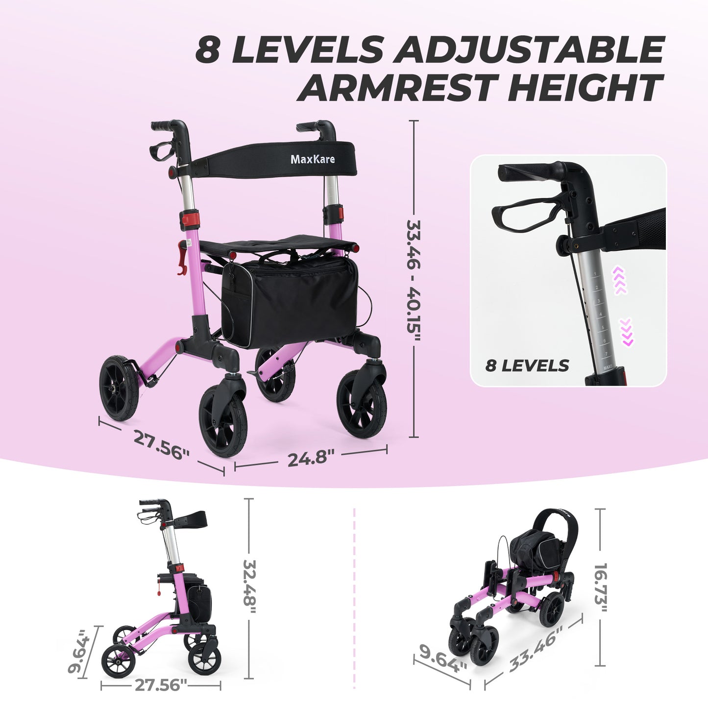 MaxKare Rollator Walker with Seat, Foldable 4 Wheel Rolling Medical Walker, Purple