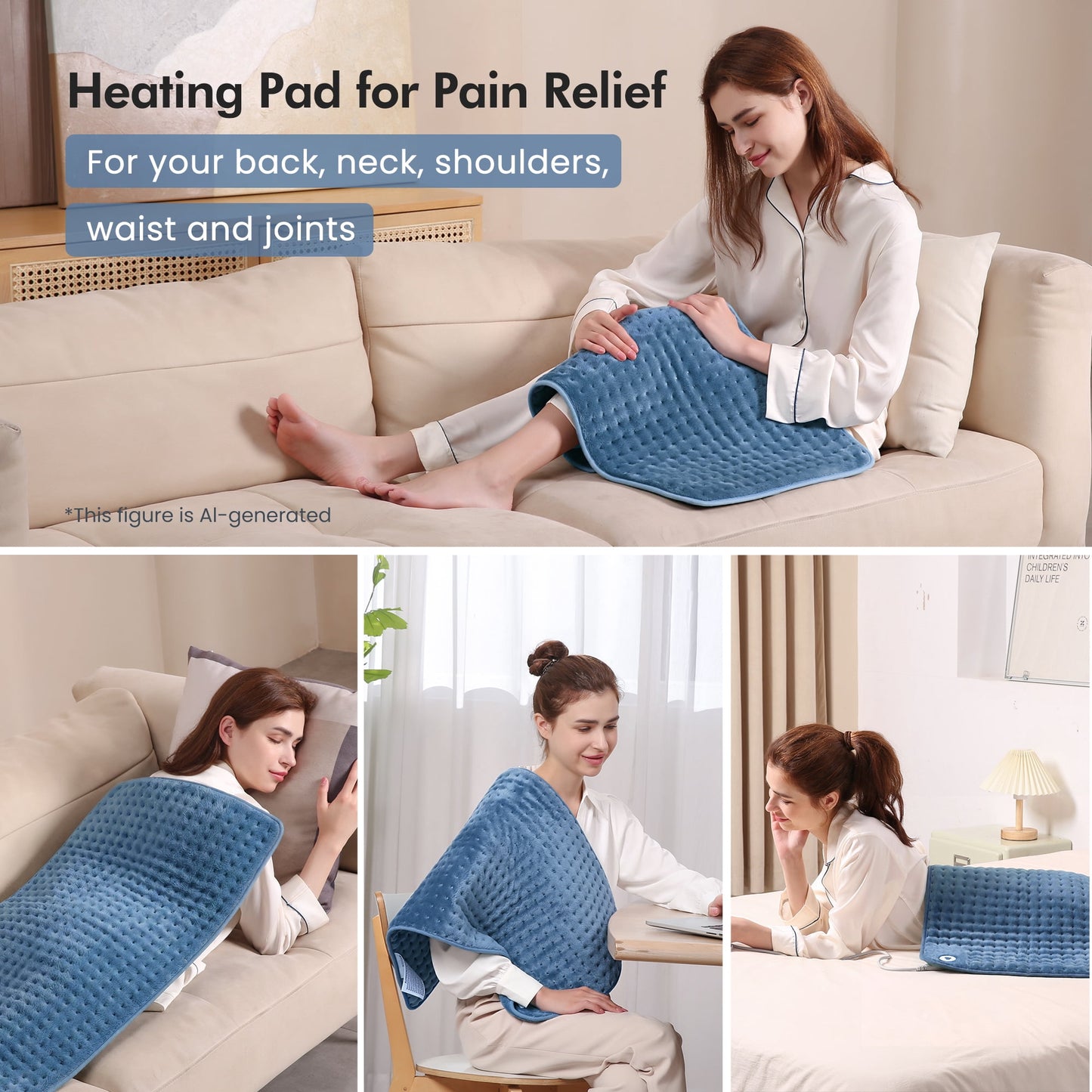 MaxKare Ultra-Wide Microplush Heating Pads for Full Body 33"x18", 6 Heating Settings and Auto Shut-Off, Blue