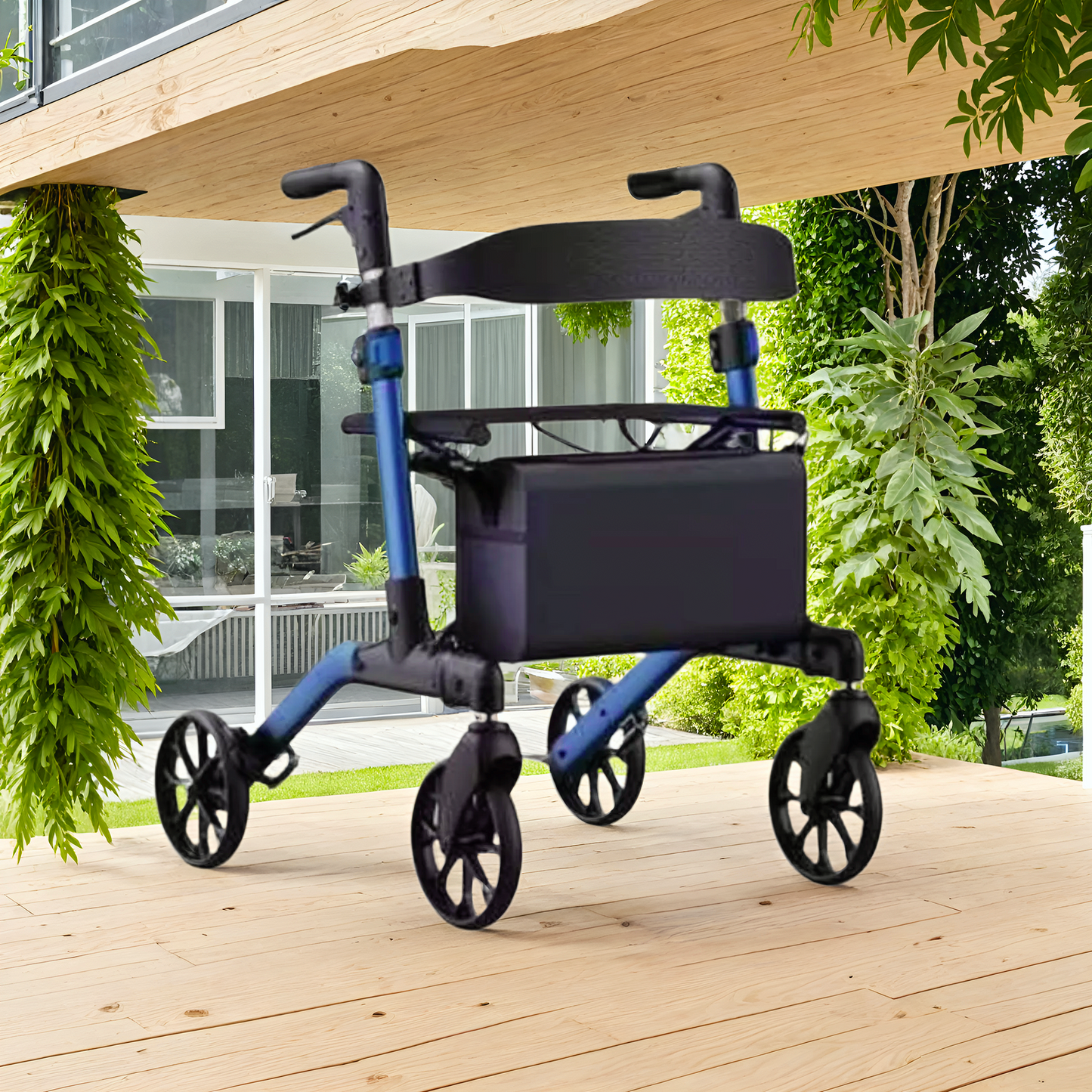 MaxKare Rollator Walker with Seat, Foldable 4 Wheel Rolling Medical Walker, Blue