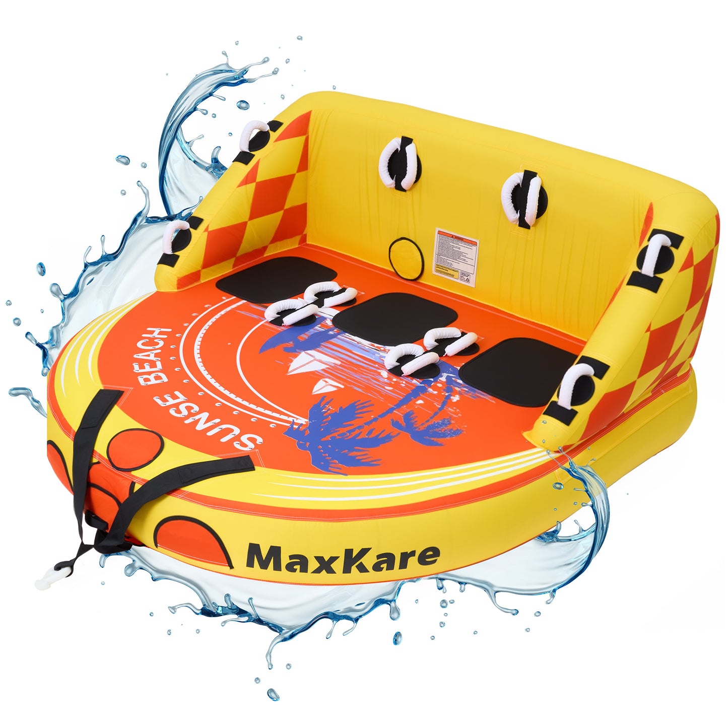 MaxKare Inflatable Towable Tube for Boating, 1- 3 Riders, EVA Foam Pads and Large Backrest, Heavy Duty 600 Lbs, Yellow