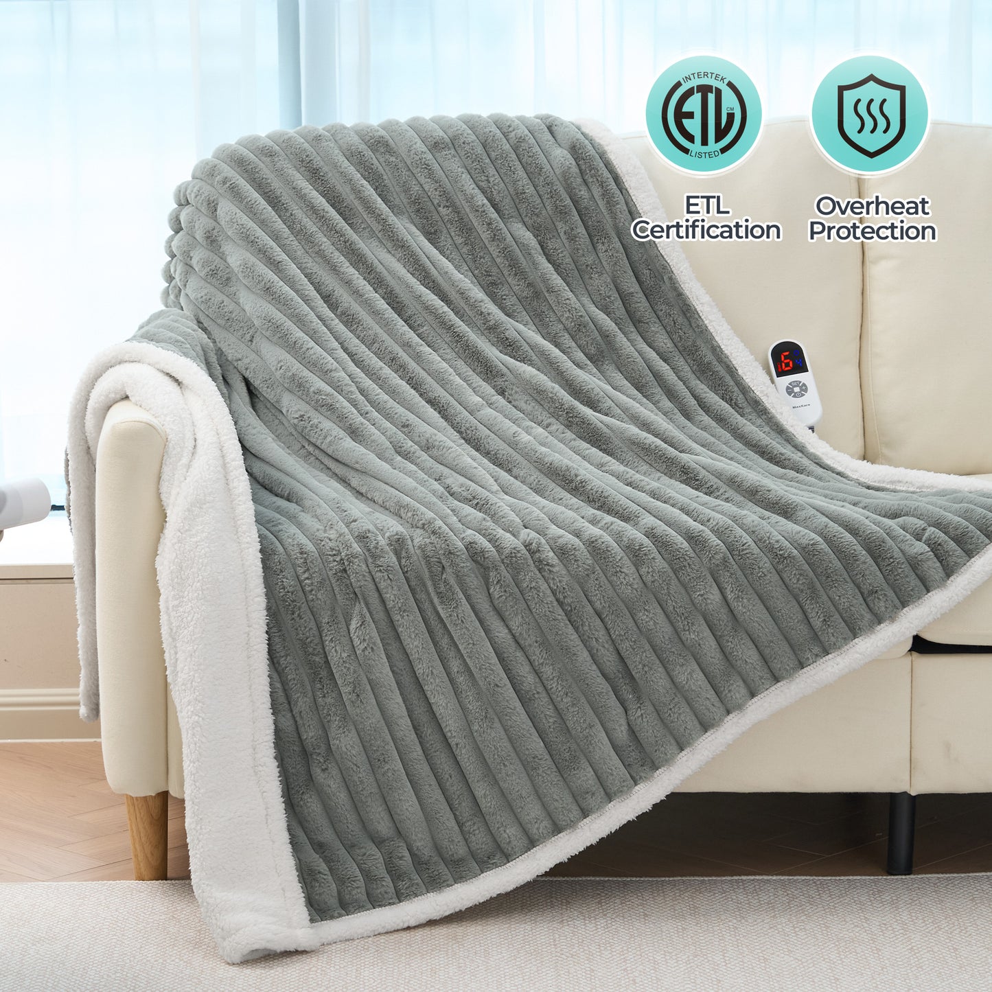 Maxkare 50" x 60" Electric Throw Blanket, Soft Faux Fur & Shu Velvet Heated Blanket, 6 Heating Levels, 4 Hours Timer, Large LED Display, Gray & White