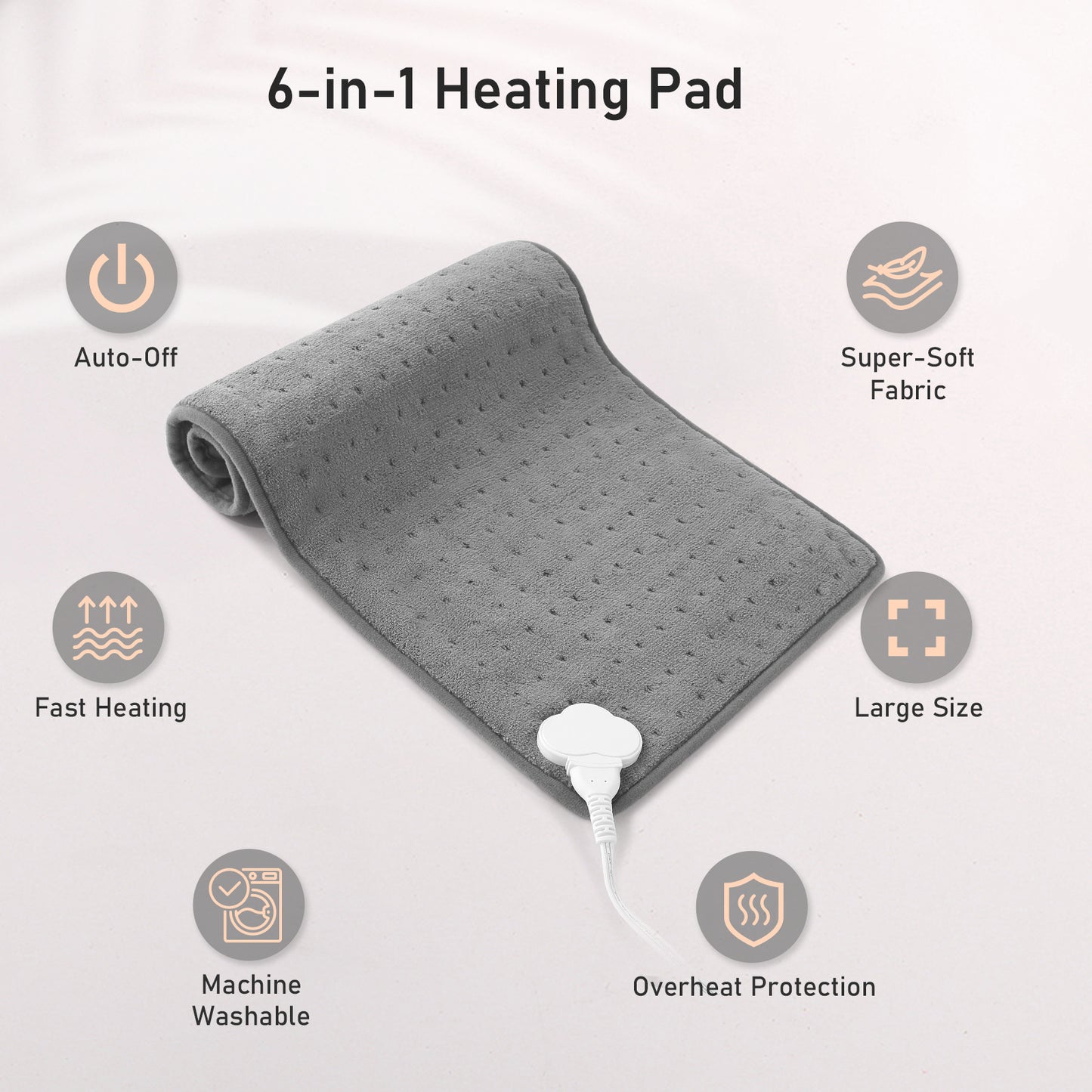 Large 12" x 24" Size Heating Pad with 3 Heat Settings and 2 Hour Auto shut off, Gray