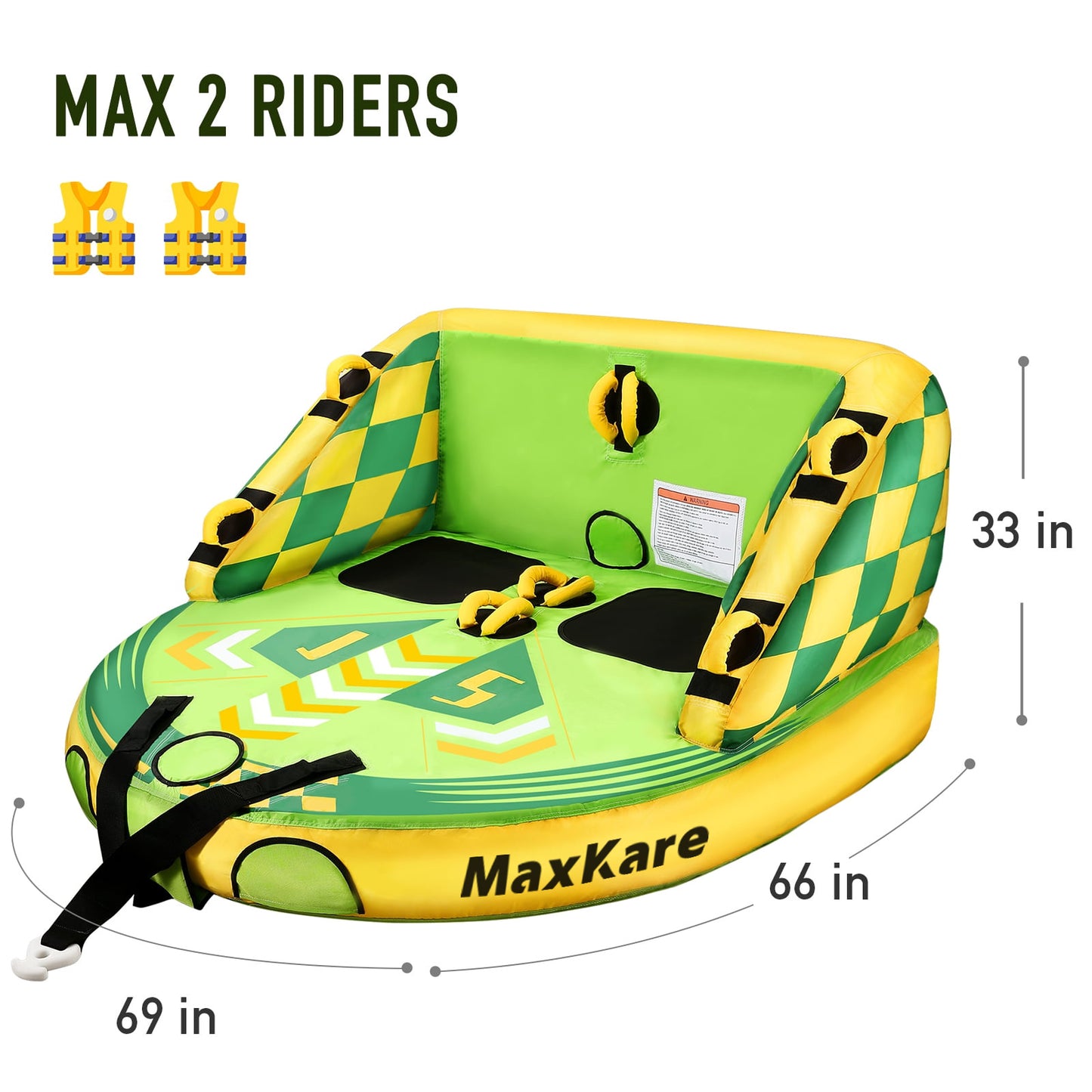 Maxkare Inflatable Towable Tube for Boating Waterskiing with EVA Foam Seat Pads, Towables for 1-2 Person-Green