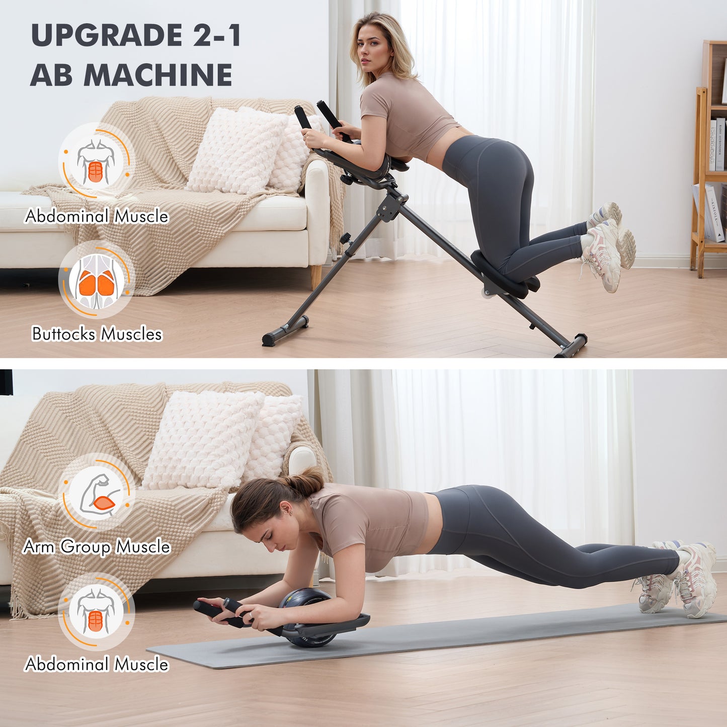MaxKare Adjustable Ab Machine with Detachable Ab Roller Wheel, 6-Level Core Workout Equipment for Home Gym, Foldable, 220lbs