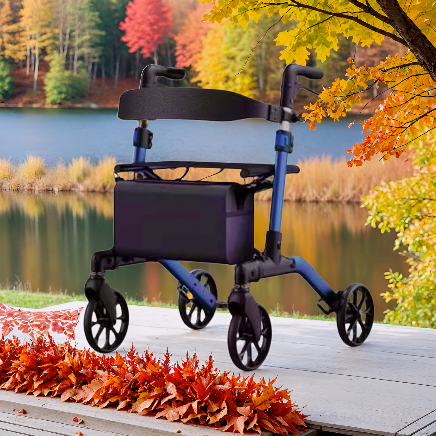 MaxKare Rollator Walker with Seat, Foldable 4 Wheel Rolling Medical Walker, Blue