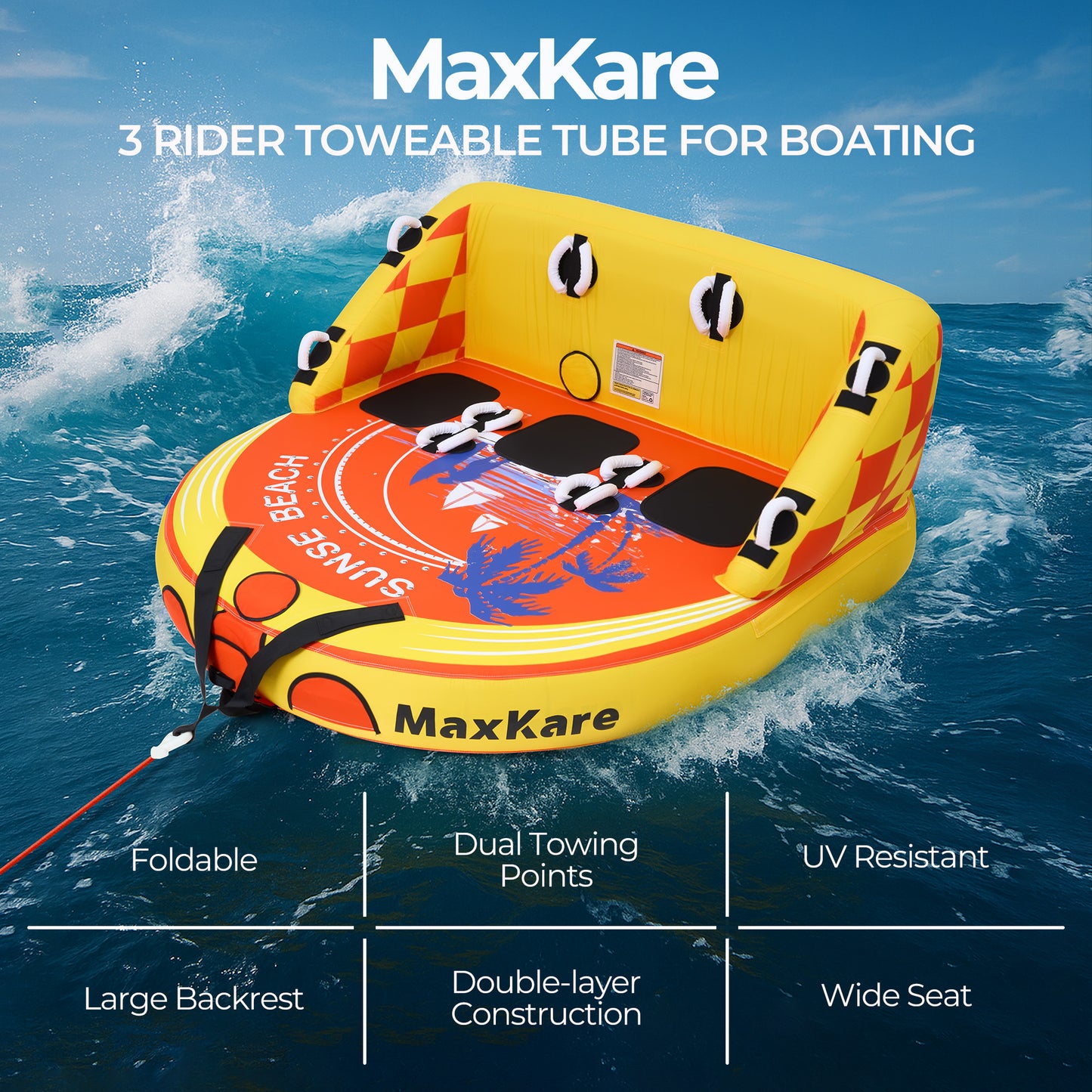 MaxKare Inflatable Towable Tube for Boating, 1- 3 Riders, EVA Foam Pads and Large Backrest, Heavy Duty 600 Lbs, Yellow