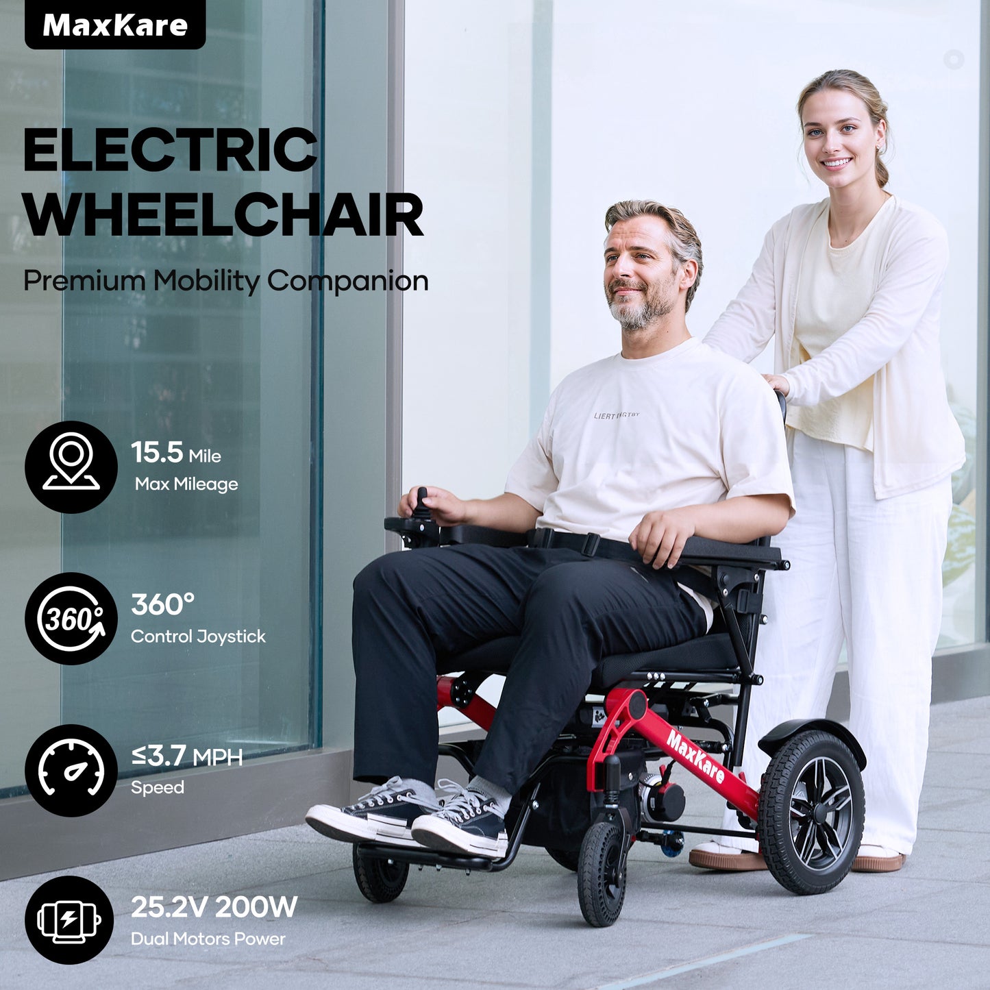 MaxKare Foldable Electric Wheelchair, 5 Speeds, 2 Modes, Dual Motors, for Adults & Senior, Black/Red