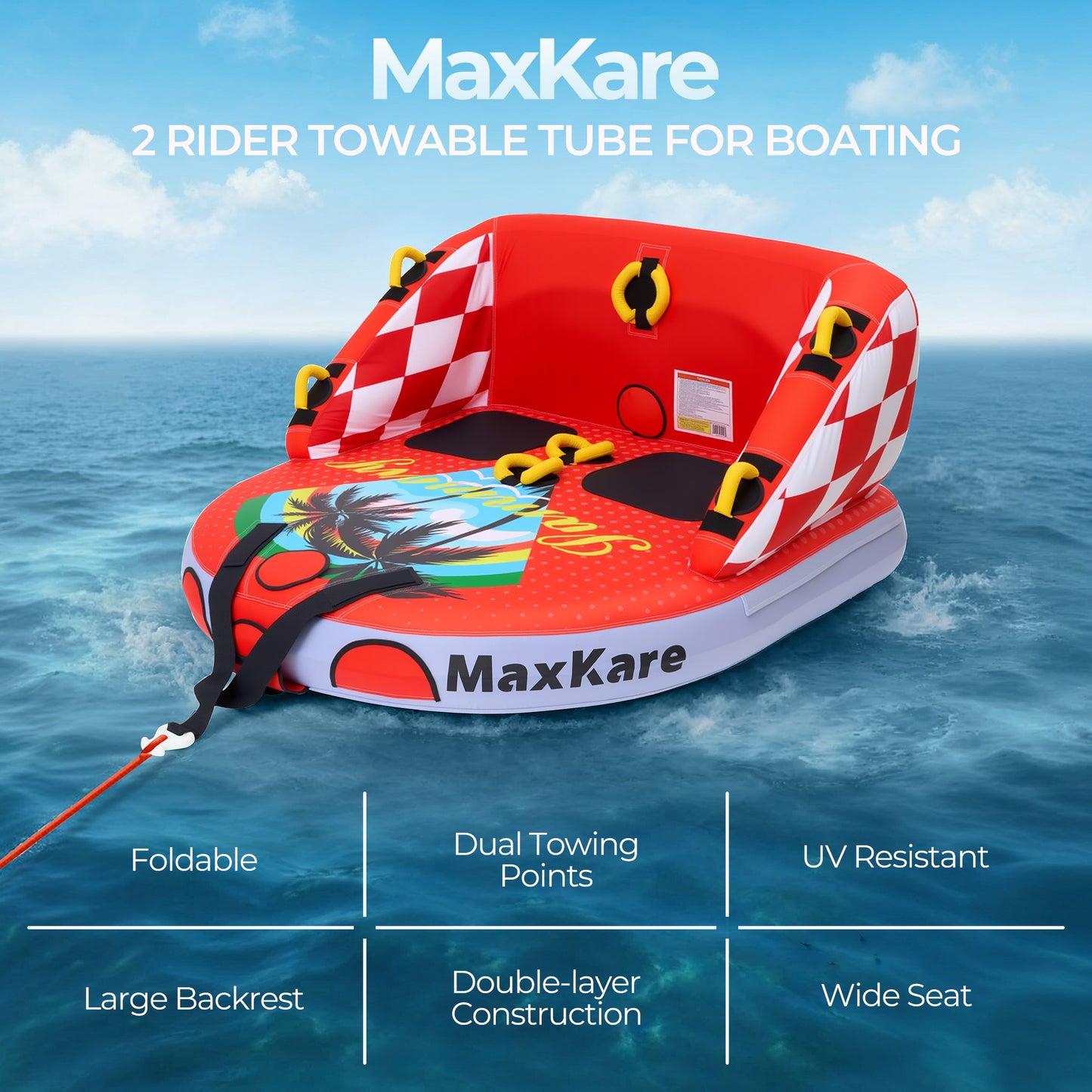 MaxKare 1- 2 Riders Inflatable Towable Tube for Outdoor, Watersports, Skiing Tube with Dual Tow Points & Safety Handles, Max 450lbs, Red