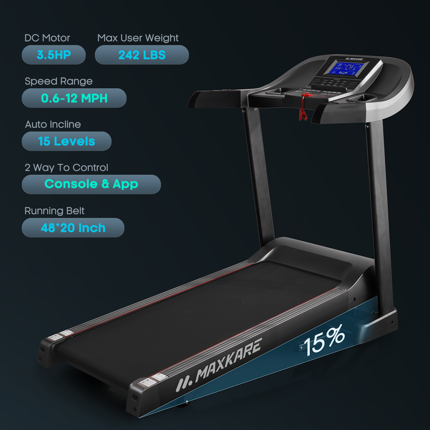 MaxKare 20" Folding Treadmill 300lbs with 15 Level Auto Incline, 3.5HP, 12MPH, Portable Foldable Treadmill with Bluetooth/Zwift App Compatible