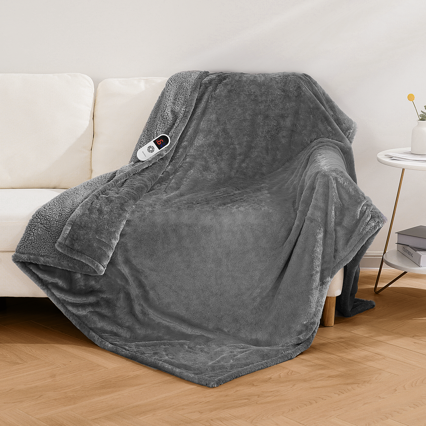 MaxKare Electric Throw Blanket 60" x 70" with 6 Heating Levels & 4 Hours Timer, Large LED Display, Soft Faux Fur & Shu Velvet - Gray