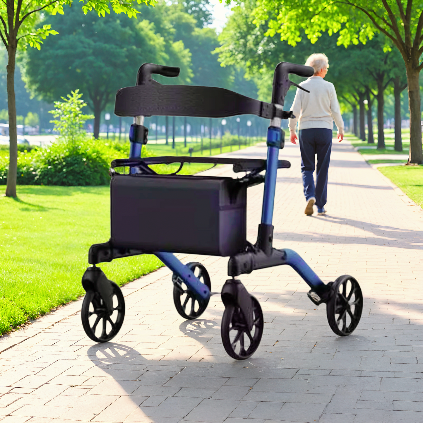 MaxKare Rollator Walker with Seat, Foldable 4 Wheel Rolling Medical Walker, Blue