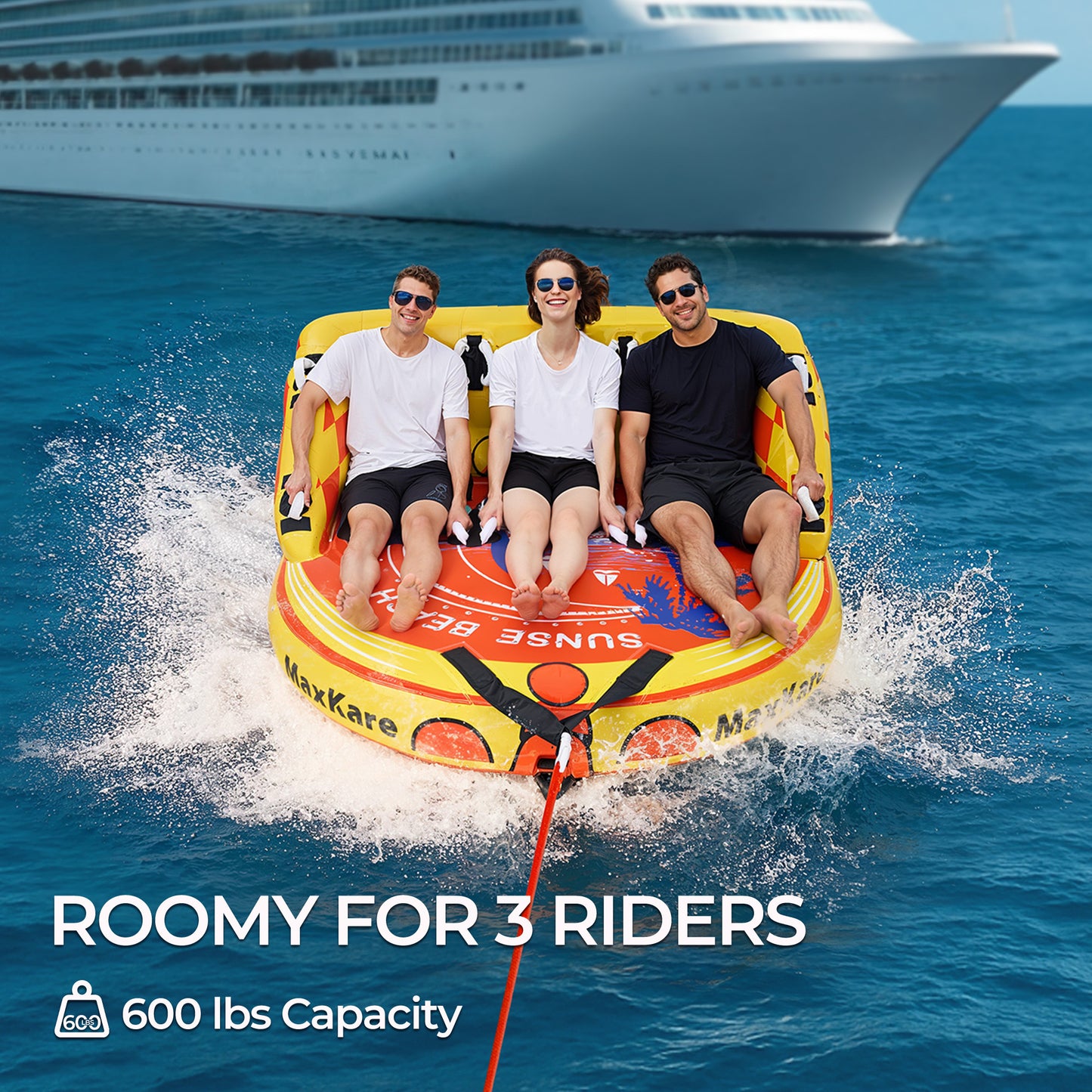 MaxKare Inflatable Towable Tube for Boating, 1- 3 Riders, EVA Foam Pads and Large Backrest, Heavy Duty 600 Lbs, Yellow