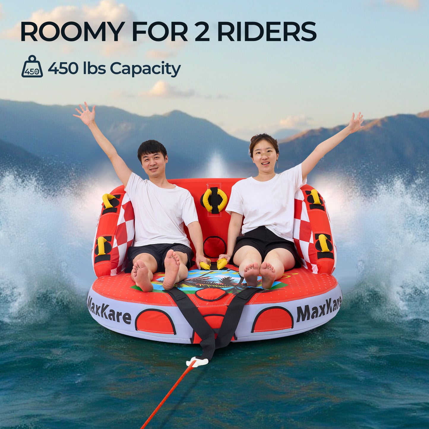 MaxKare 1- 2 Riders Inflatable Towable Tube for Outdoor, Watersports, Skiing Tube with Dual Tow Points & Safety Handles, Max 450lbs, Red