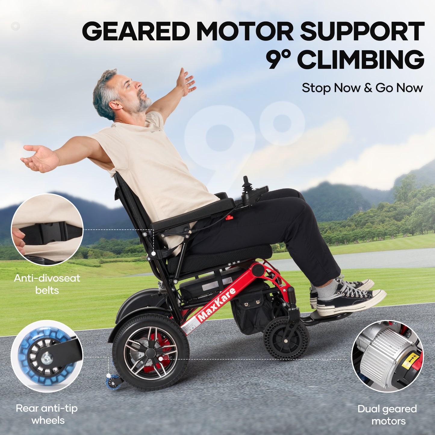 MaxKare Foldable Electric Wheelchair, 5 Speeds, 2 Modes, Dual Motors, for Adults & Senior, Black/Red