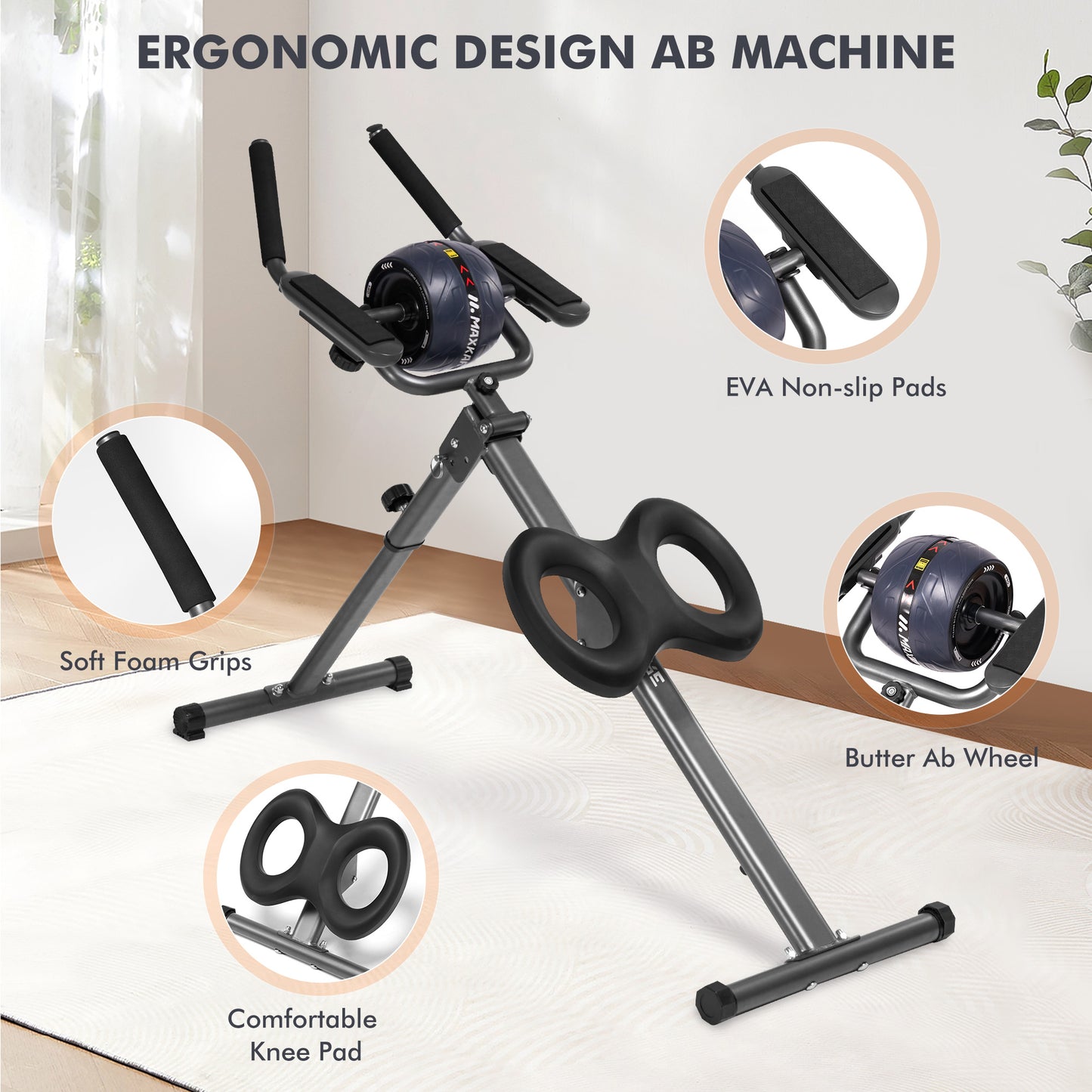 MaxKare Adjustable Ab Machine with Detachable Ab Roller Wheel, 6-Level Core Workout Equipment for Home Gym, Foldable, 220lbs