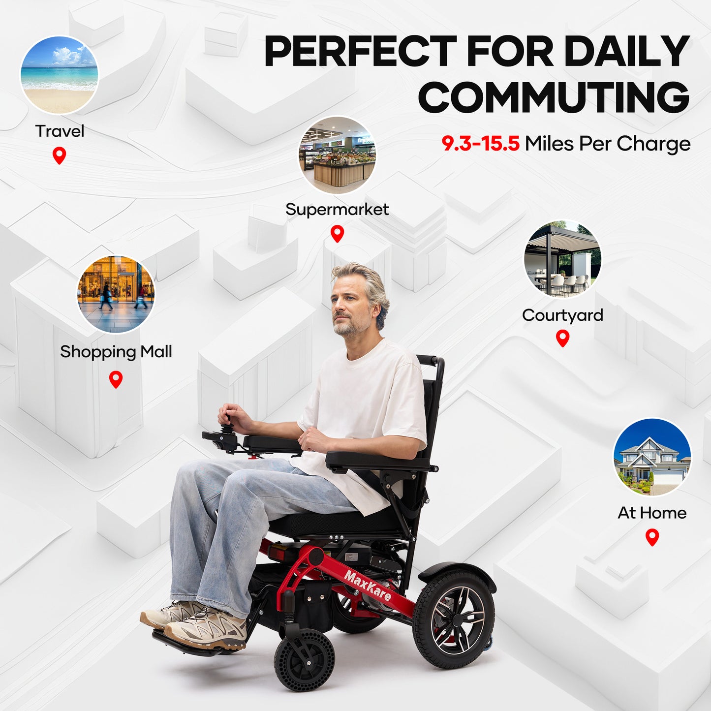 MaxKare Foldable Electric Wheelchair, 5 Speeds, 2 Modes, Dual Motors, for Adults & Senior, Black/Red