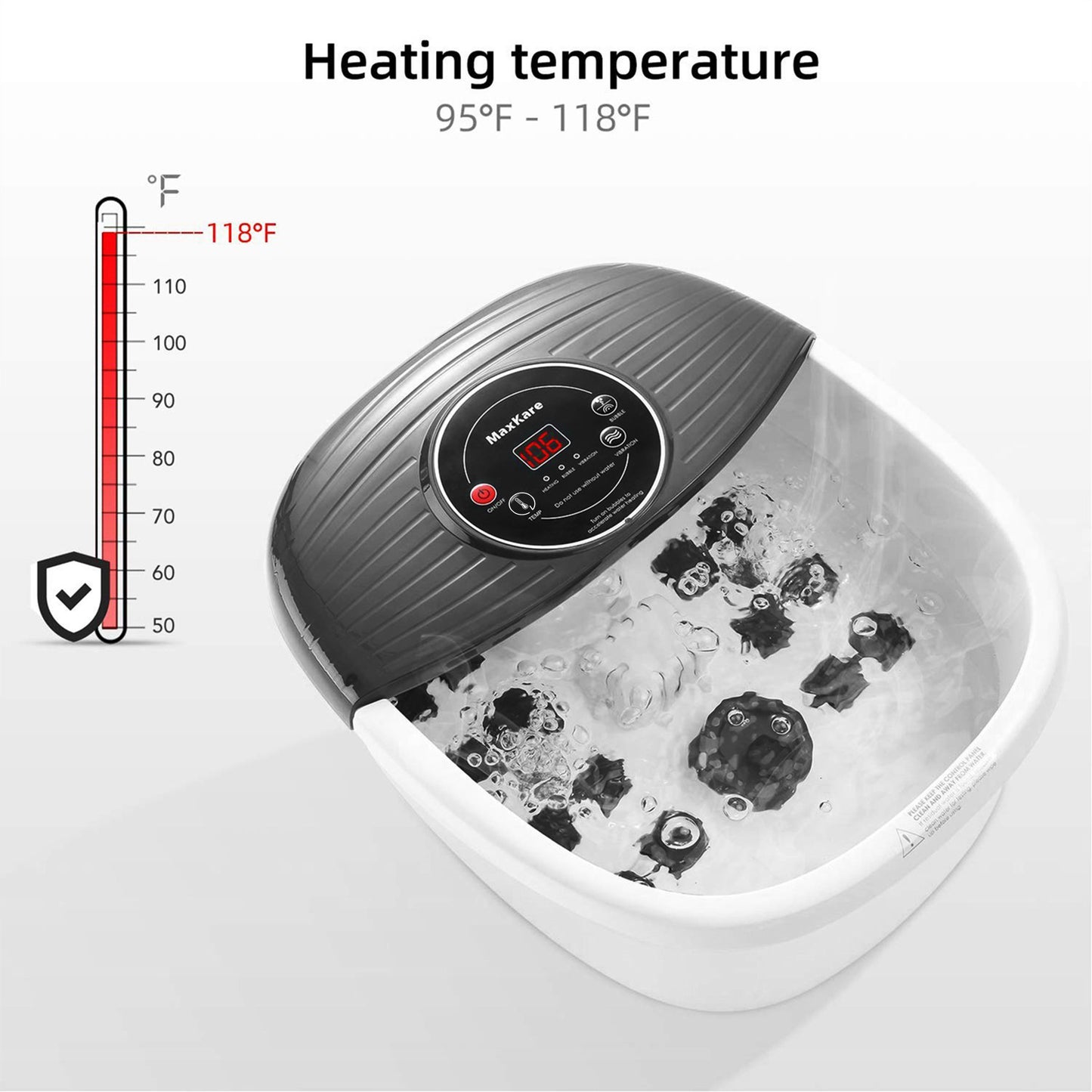 MaxKare Foot Spa Bath Massager with Heat, Bubbles, and Vibration, Digital Temperature Control, 16 Detachable Massage Rollers, Soothe and Comfort Feet, Black