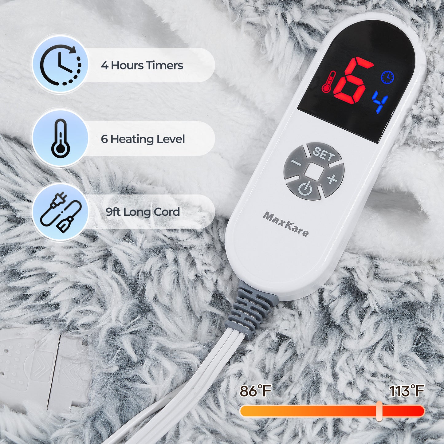 MaxKare Electric Throw Blanket 50" x 60", with 6 Heating Levels & 4 Hours Timer, Plush Faux Fur & Velvet, Gray & White