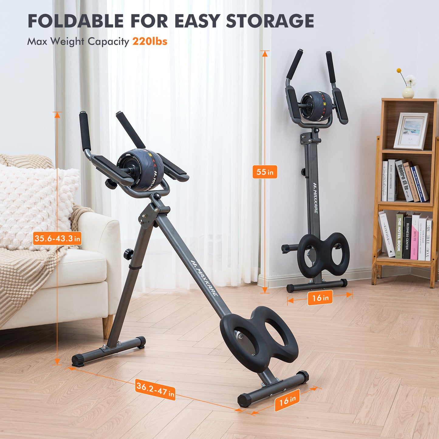 MaxKare Adjustable Ab Machine with Detachable Ab Roller Wheel, 6-Level Core Workout Equipment for Home Gym, Foldable, 220lbs