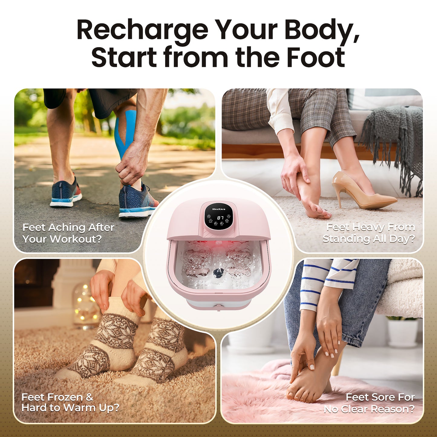 MaxKare Collapsible Foot Spa with Massager and Heat, Digital Display, Pink