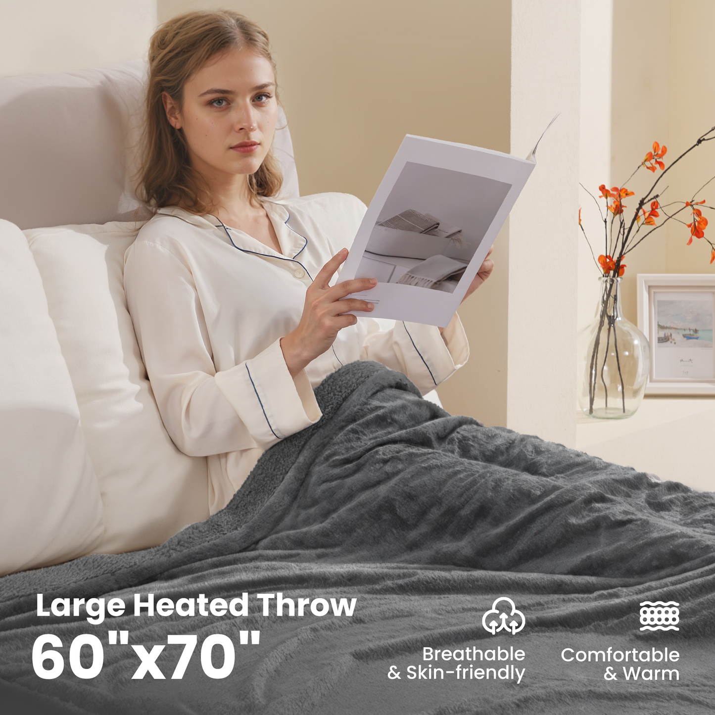 MaxKare Electric Throw Blanket 60" x 70" with 6 Heating Levels & 4 Hours Timer, Large LED Display, Soft Faux Fur & Shu Velvet - Gray