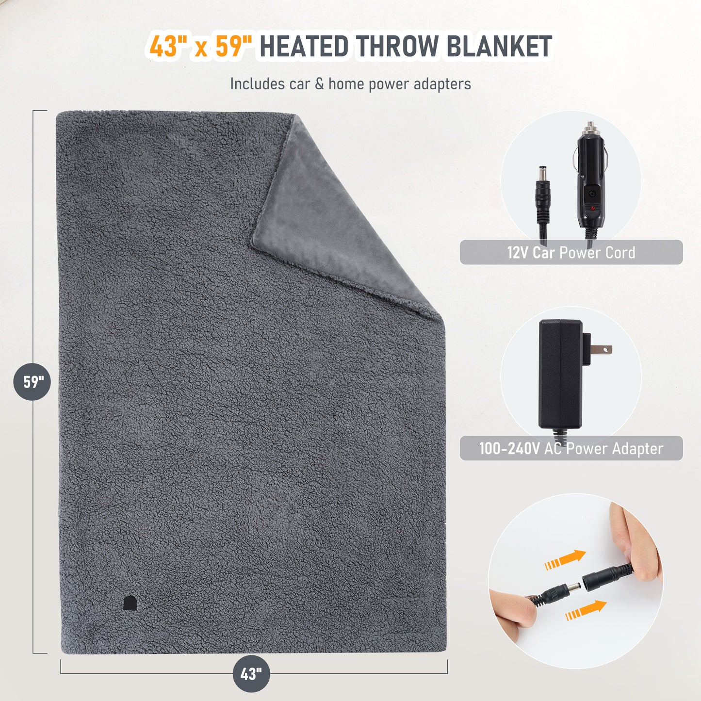 MaxKare Electric Heated Blanket, 59" x 43” Travel Car Blankets, Gray