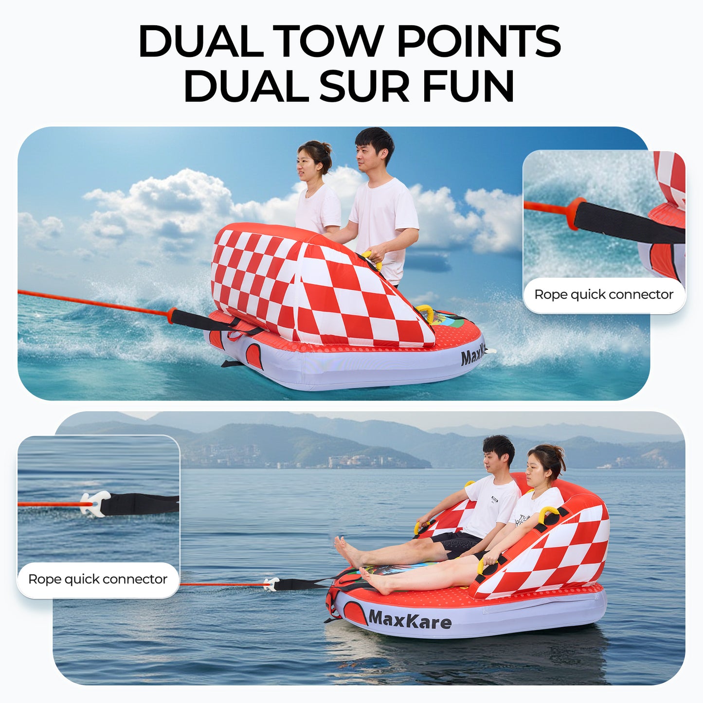 MaxKare 1- 2 Riders Inflatable Towable Tube for Outdoor, Watersports, Skiing Tube with Dual Tow Points & Safety Handles, Max 450lbs, Red