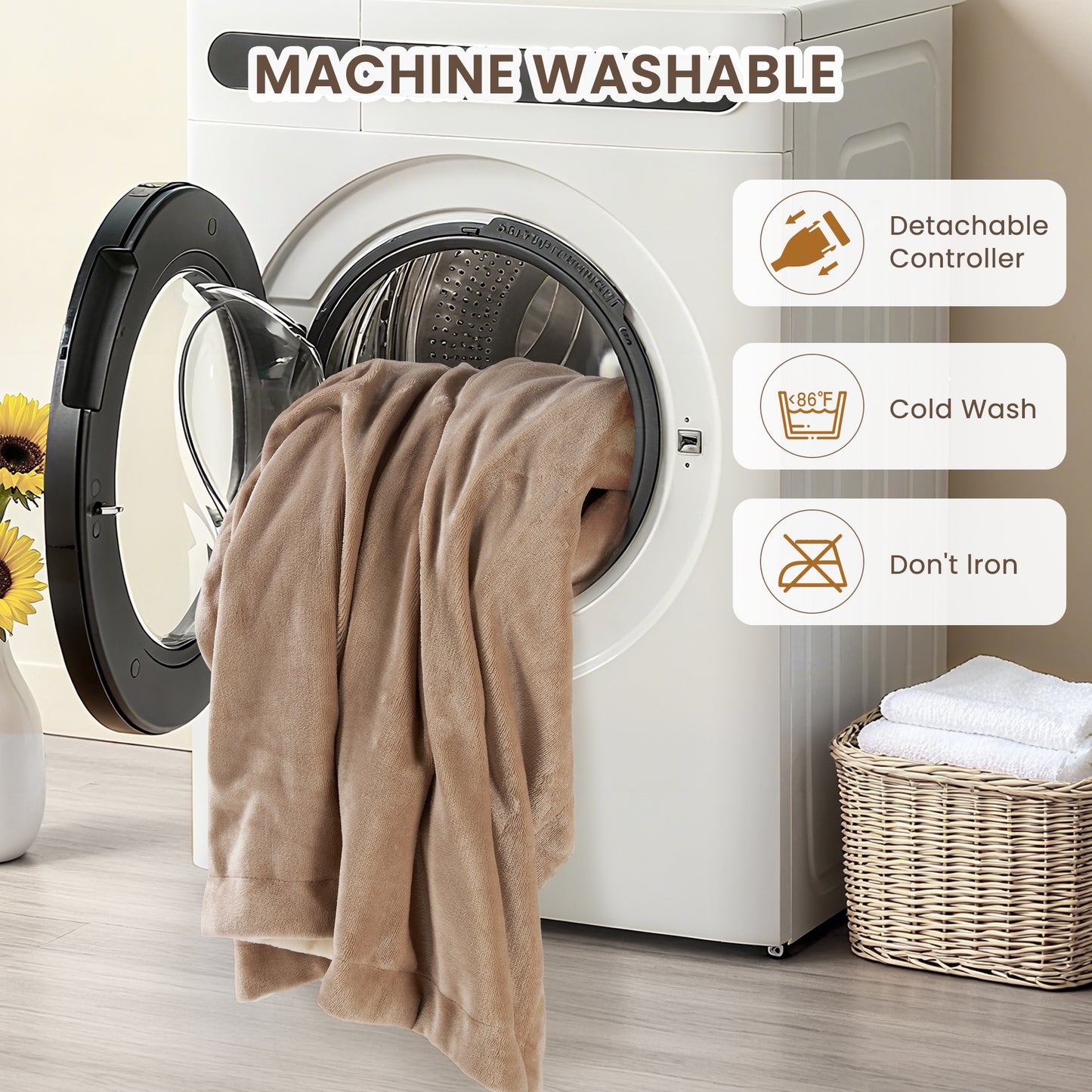MaxKare Heated Throw Blanket, OEKO TEX Certified, Electric Blanket with 6 Heat Levels, 4H Auto-off, 3 Button Adjust Fix, Beige & Linen Flannel, 50" x 72"