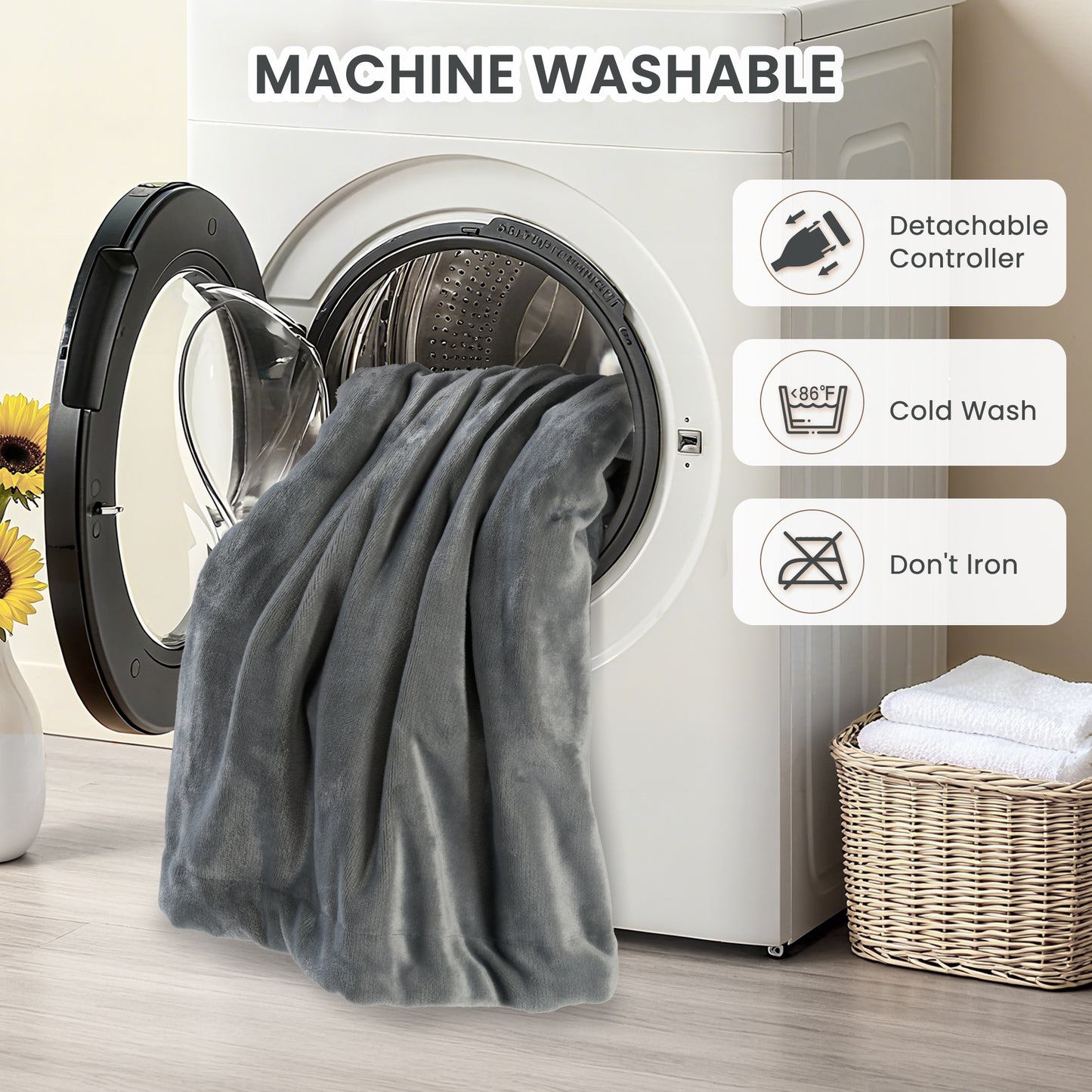 MaxKare Heated Throw Blanket, OEKO TEX Certified, Electric Blanket with 3 Button Adjust Fix, 6 Heat Levels, 4H Auto-off, Light & Dark Gray Flannel