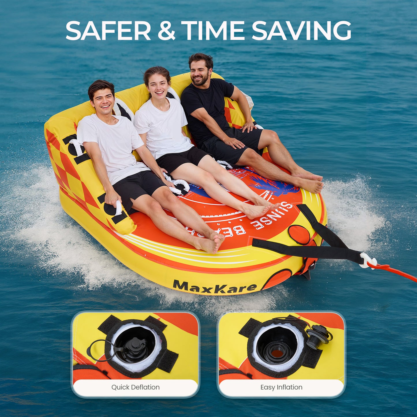 MaxKare Inflatable Towable Tube for Boating, 1- 3 Riders, EVA Foam Pads and Large Backrest, Heavy Duty 600 Lbs, Yellow