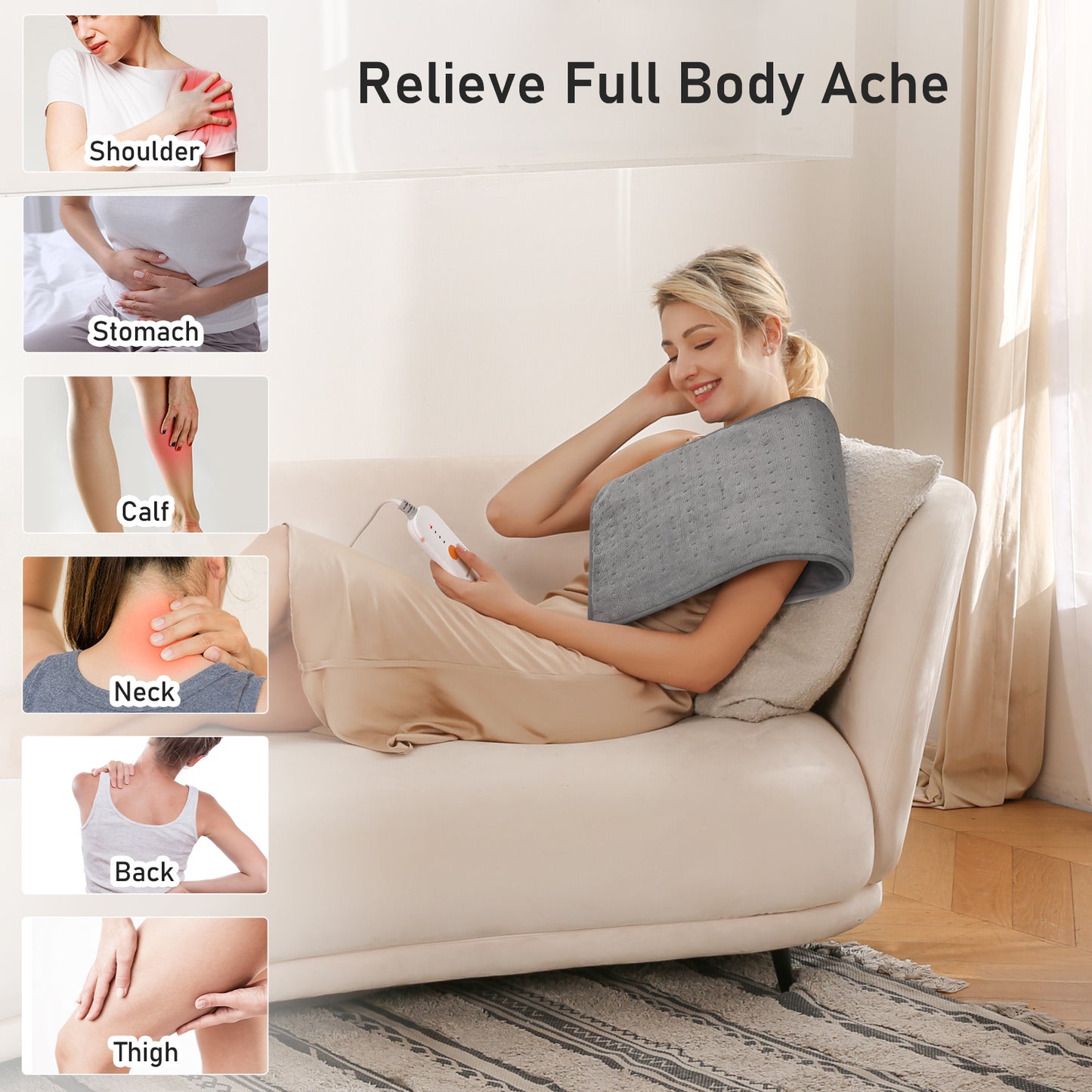 Large 12" x 24" Size Heating Pad with 3 Heat Settings and 2 Hour Auto shut off, Gray