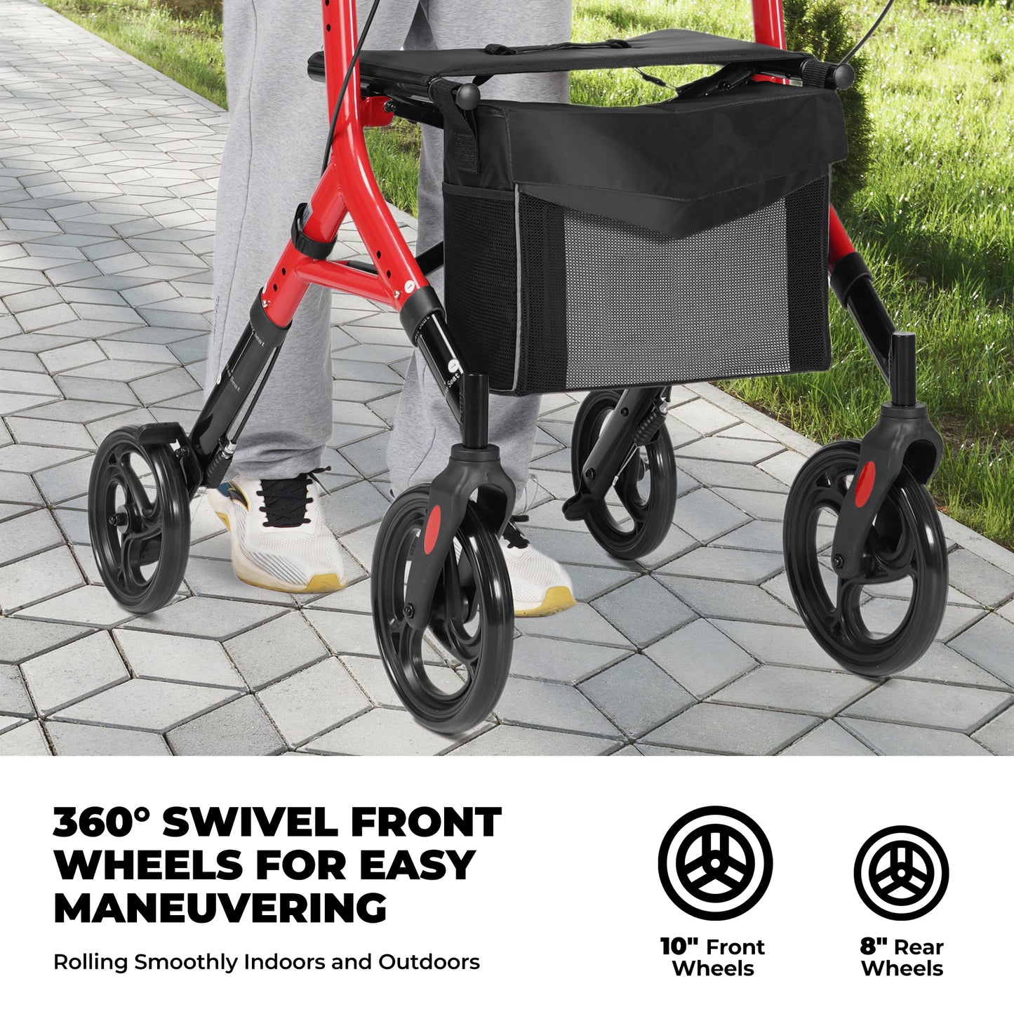 MaxKare Rollator Walker with Seat, Foldable 4 Wheel Rolling Medical Walker, Red