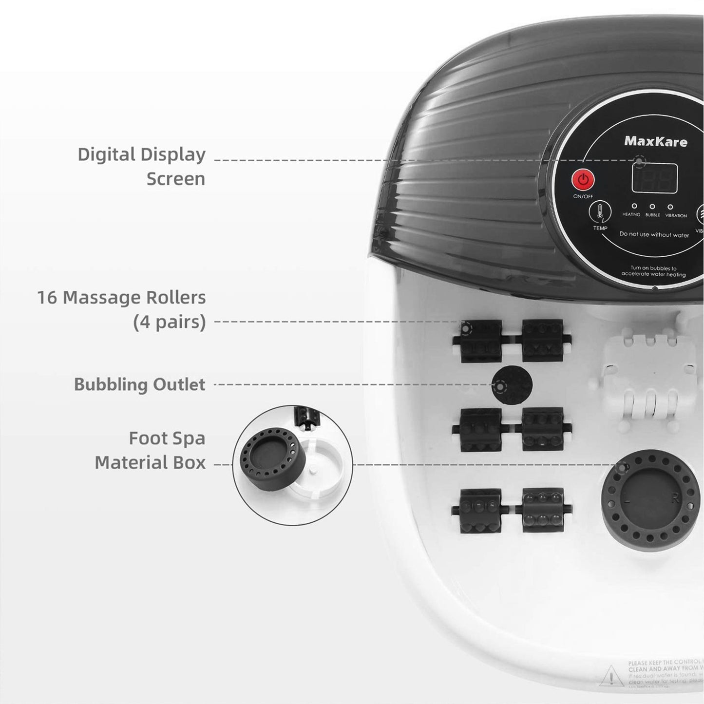 MaxKare Foot Spa Bath Massager with Heat, Bubbles, and Vibration, Digital Temperature Control, 16 Detachable Massage Rollers, Soothe and Comfort Feet, Black