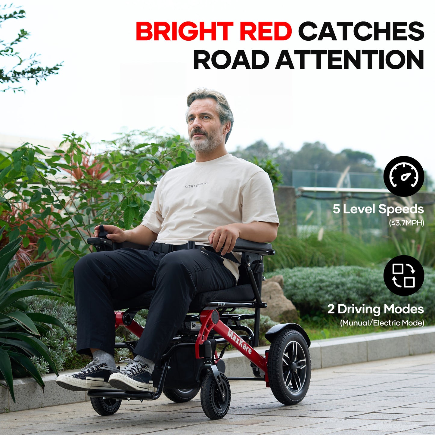 MaxKare Foldable Electric Wheelchair, 5 Speeds, 2 Modes, Dual Motors, for Adults & Senior, Black/Red