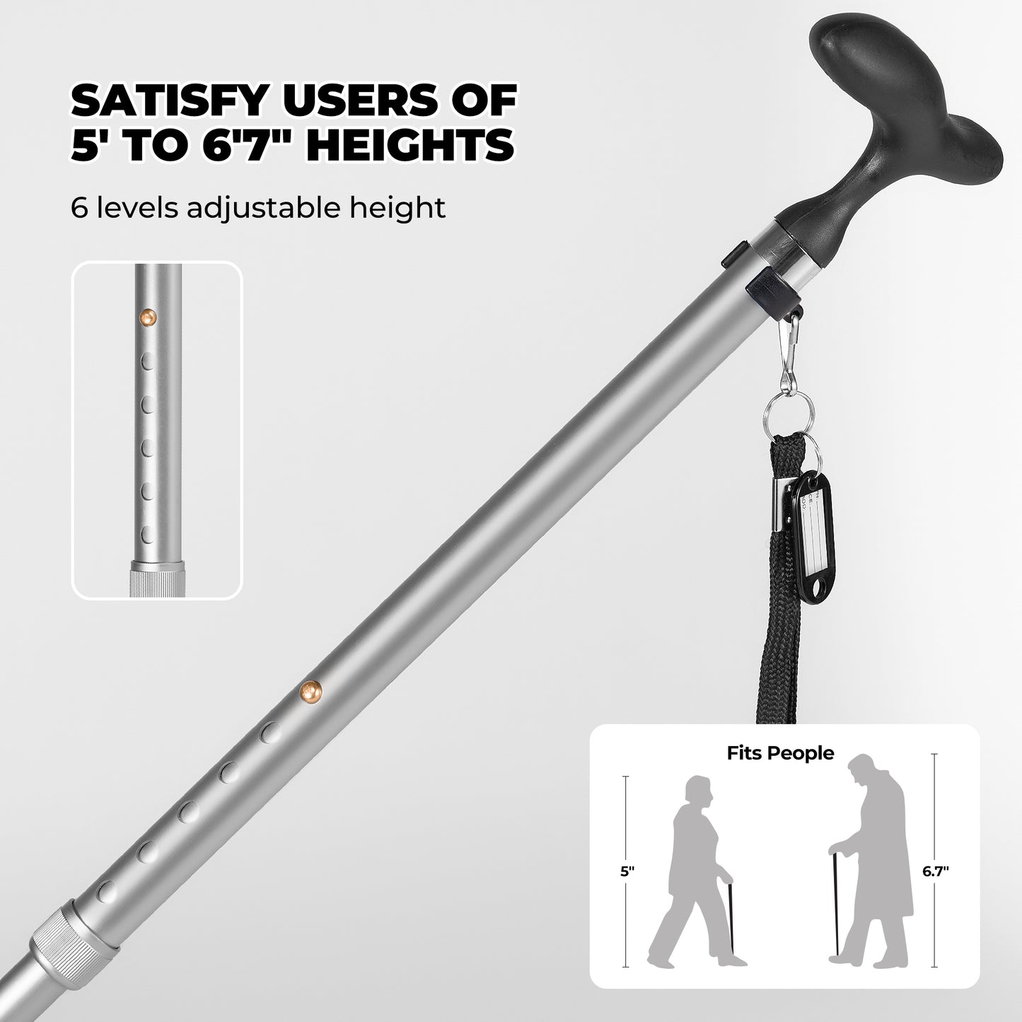 MaxKare Folding Walking Canes with Comfort Grip, 37"-41" Adjustable - Silver