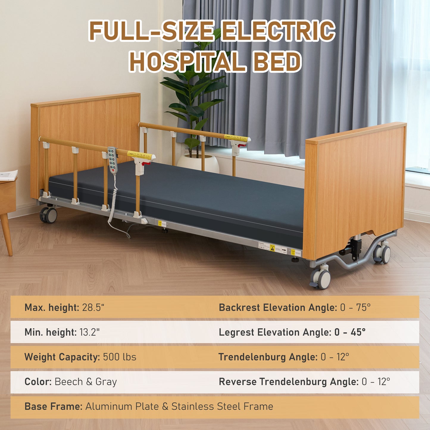 MaxKare Full Electric Hospital Bed with 5 Functions, Medical Bed Set with Mattress & Rails, Safe Locking System, Max 500lbs, for Home Use