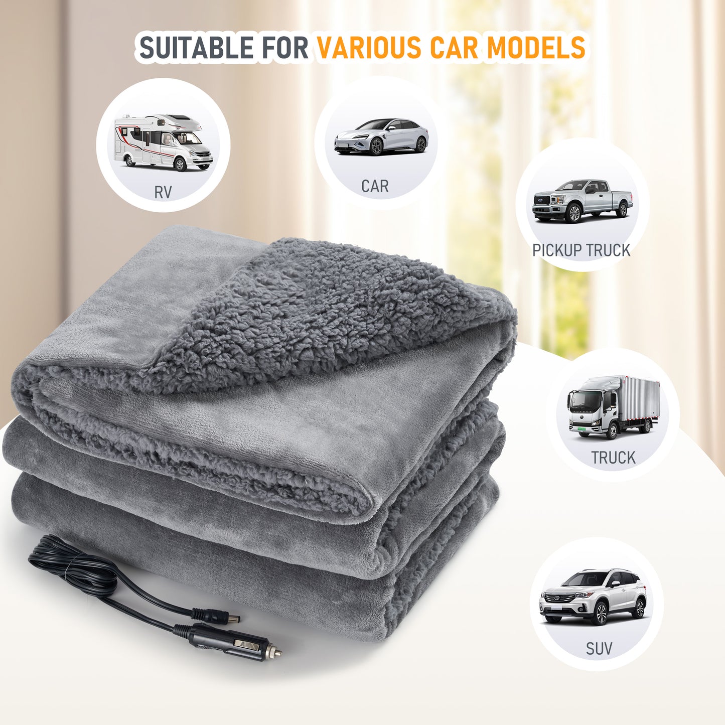 MaxKare Electric Heated Blanket, 59" x 43” Travel Car Blankets, Gray