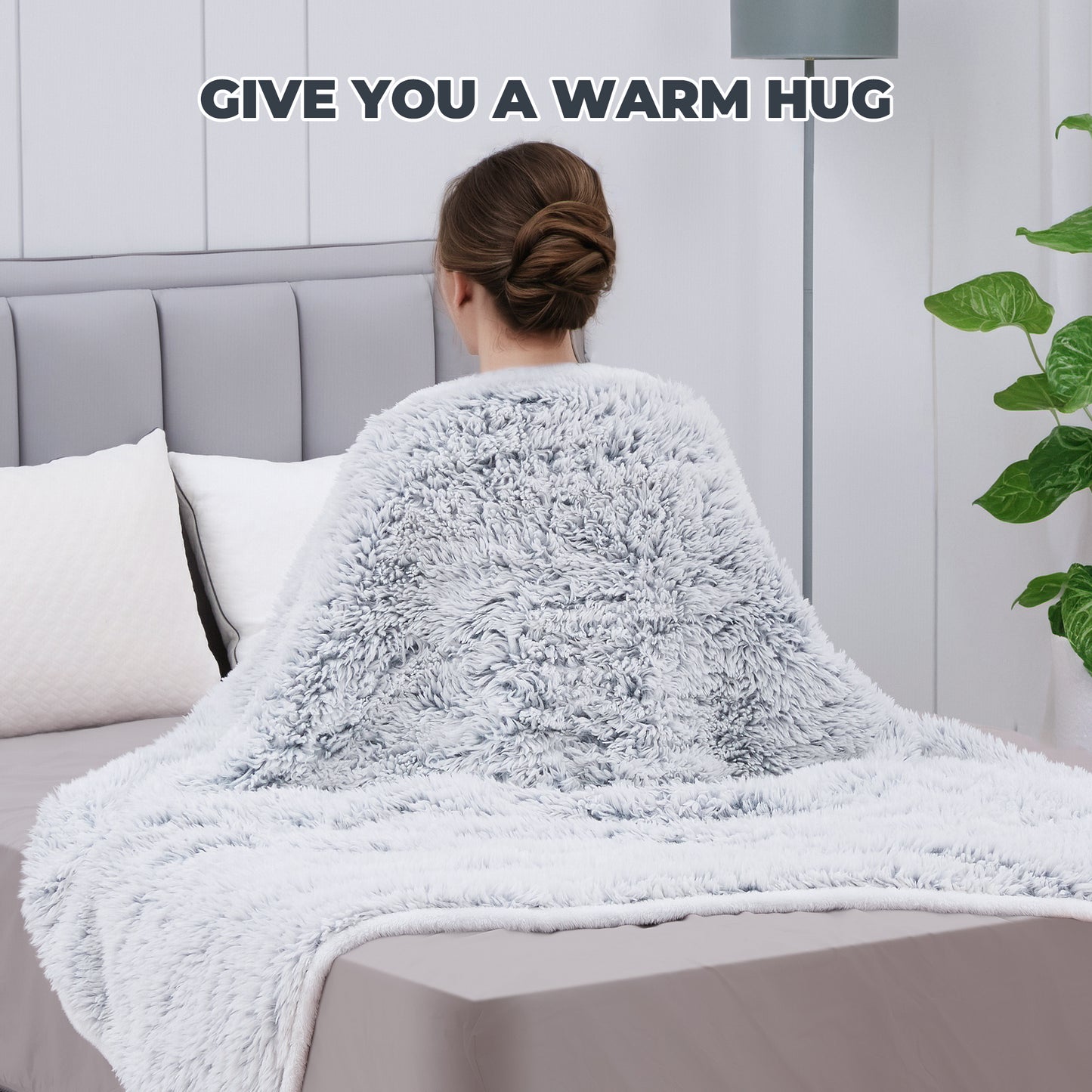 MaxKare Electric Throw Blanket 50" x 60", with 6 Heating Levels & 4 Hours Timer, Plush Faux Fur & Velvet, Gray & White