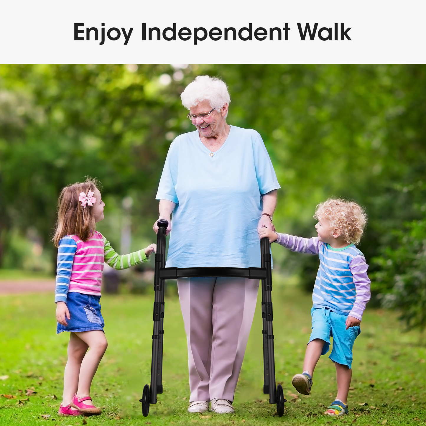 Folding Walker for Senior, Dual Wheels, 30.5"-37.5" Adjustable Heigh, 300lbs Weight Capacity, Lightweight, Black