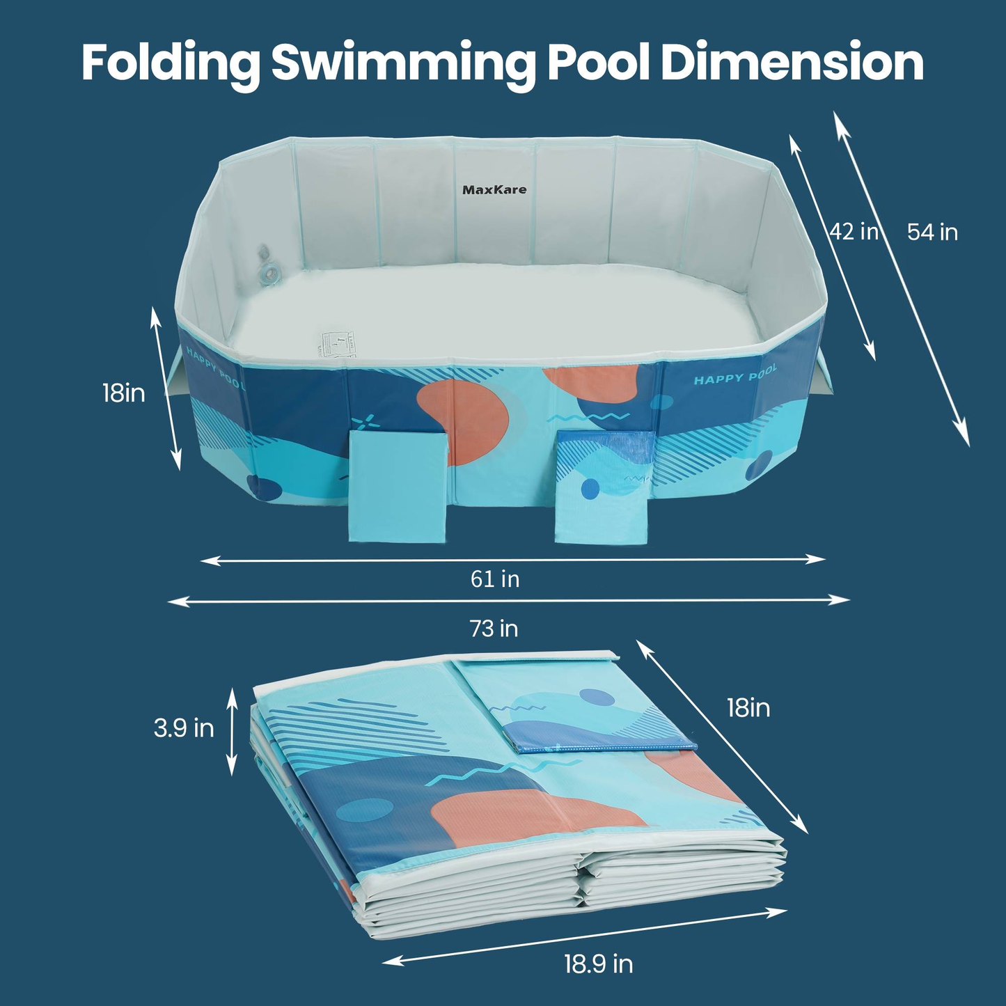 MaxKare Inflatable-free Foldable Swimming Pool, Rectangular Swimming Pool Outdoor Backyard Family Kids, Blue, 73"